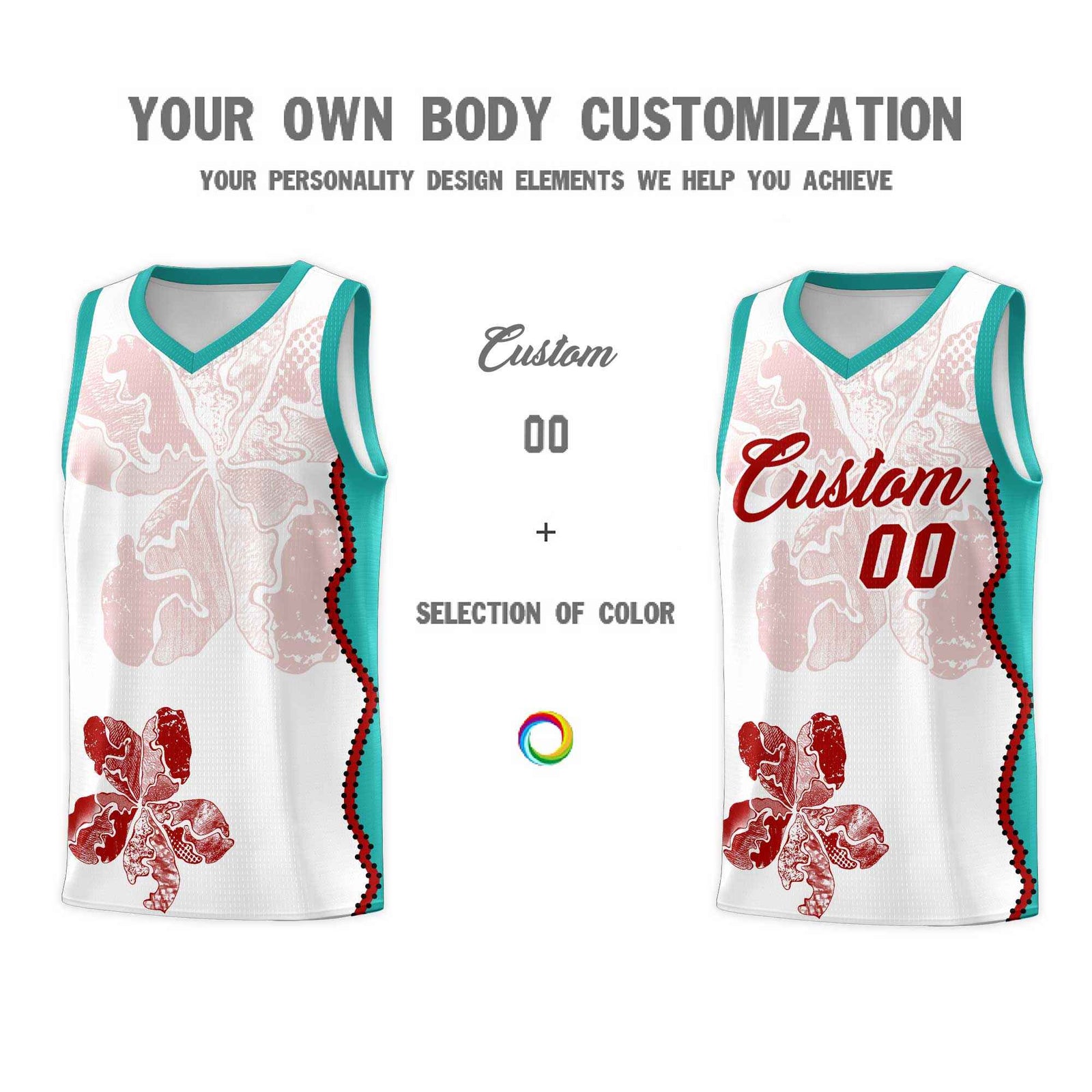 Custom White Aqua Basketball Jersey - Illusion Flower Graffiti Breathable mesh Fabric
