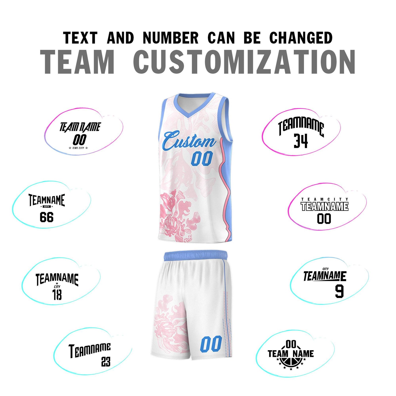 Custom White Light Blue Basketball Jersey - Illusion Flower Graffiti Durable Fabric