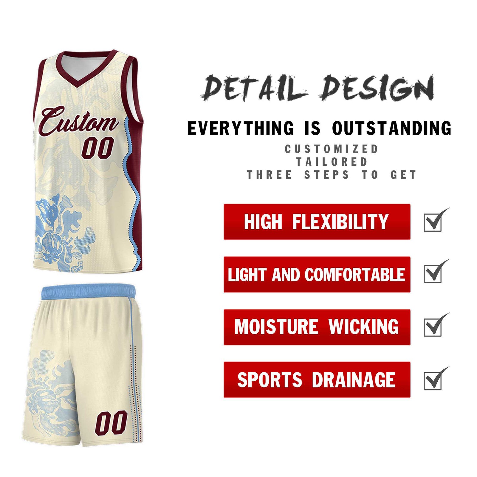 Custom Cream Burgundy Basketball Jersey - Illusion Flower Graffiti Lightweight Fabric