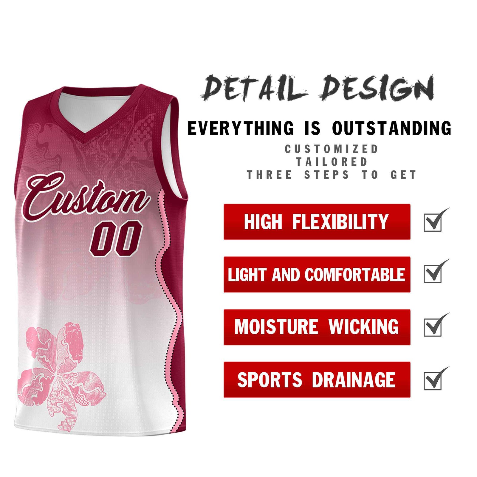 Custom White Crimson Basketball Jersey - Illusion Flower Gradient Stretchy Fabric