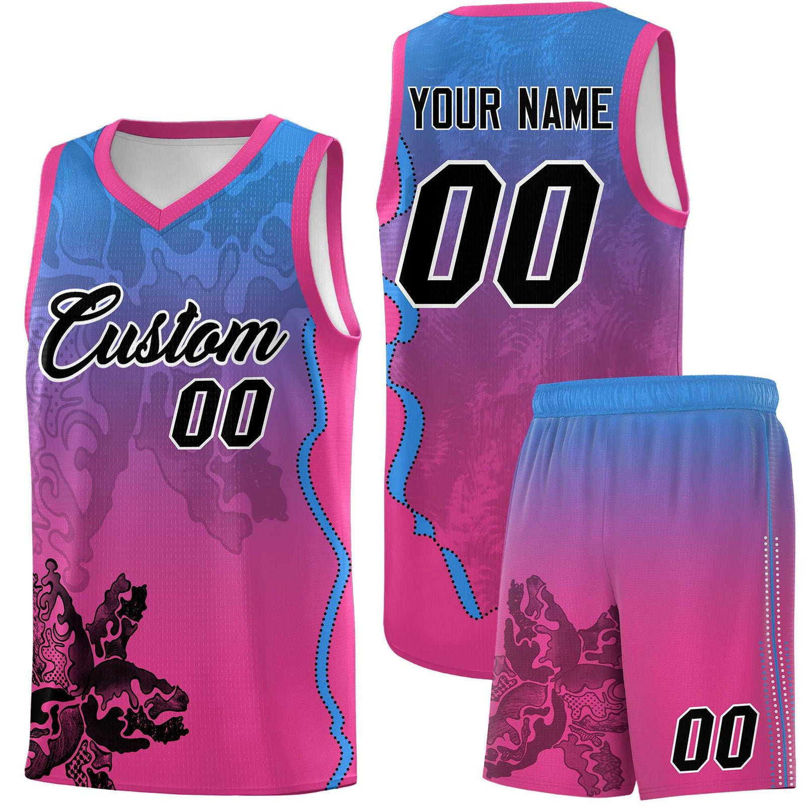 Custom Pink Light Blue Basketball Jersey - Illusion Flower Gradient Breathable mesh Fabric