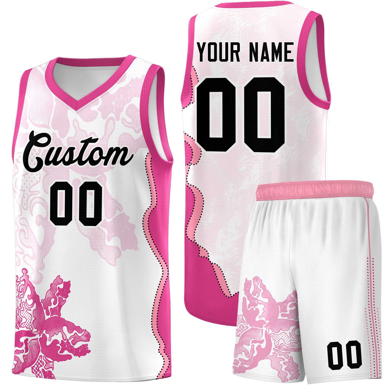 Custom White Pink Basketball Jersey - Illusion Flower Graffiti Breathable mesh Fabric