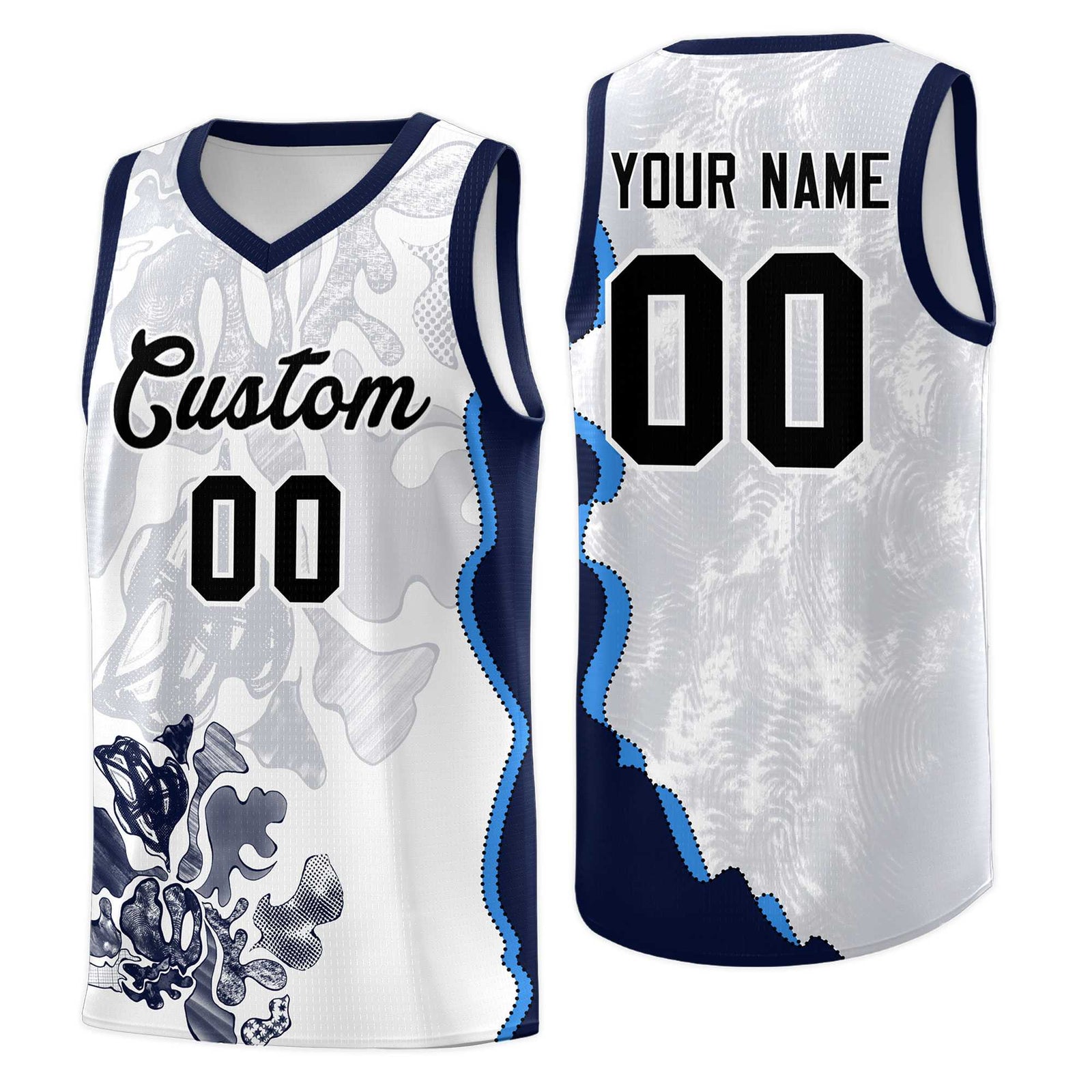 Custom White Navy Basketball Jersey - Illusion Flower Graffiti Breathable Fabric