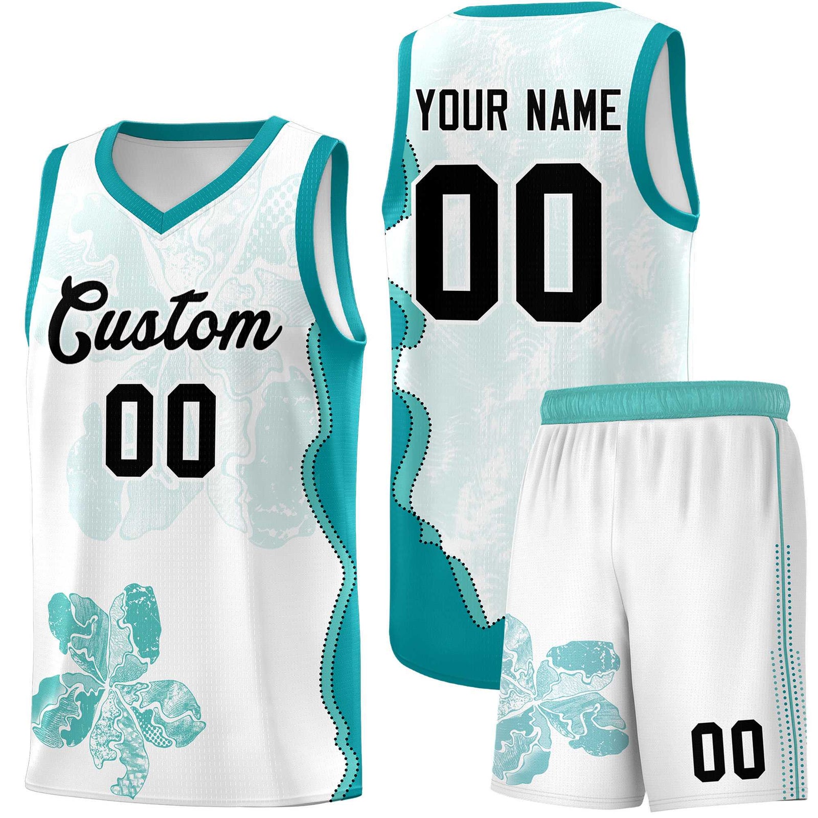 Custom White Teal Basketball Jersey - Illusion Flower Graffiti Lightweight Fabric