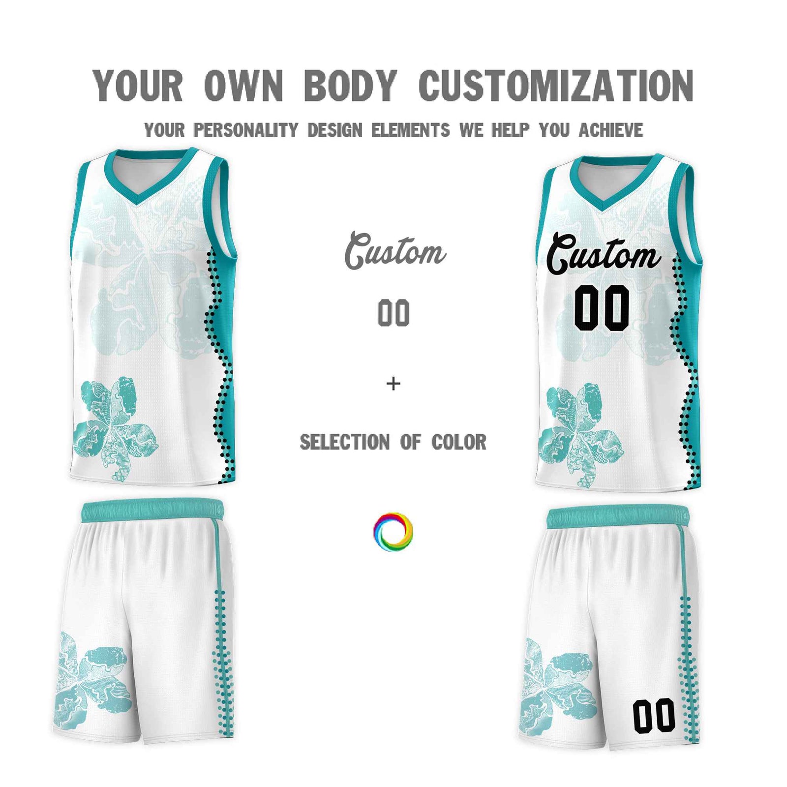 Custom White Teal Basketball Jersey - Illusion Flower Graffiti Lightweight Fabric