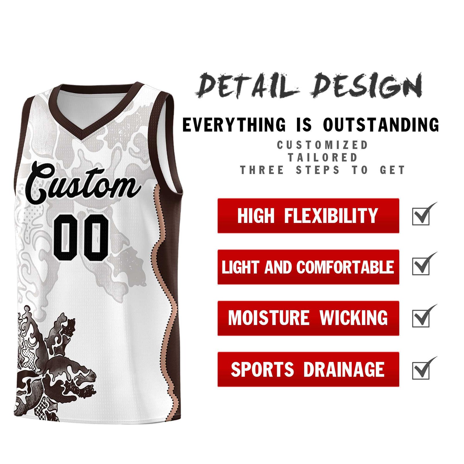 Custom White Brown Basketball Jersey - Illusion Flower Graffiti Quick dry Fabric