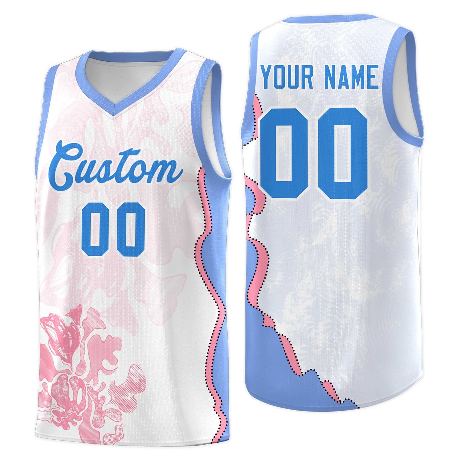 Custom White Light Blue Basketball Jersey - Illusion Flower Graffiti Durable Fabric