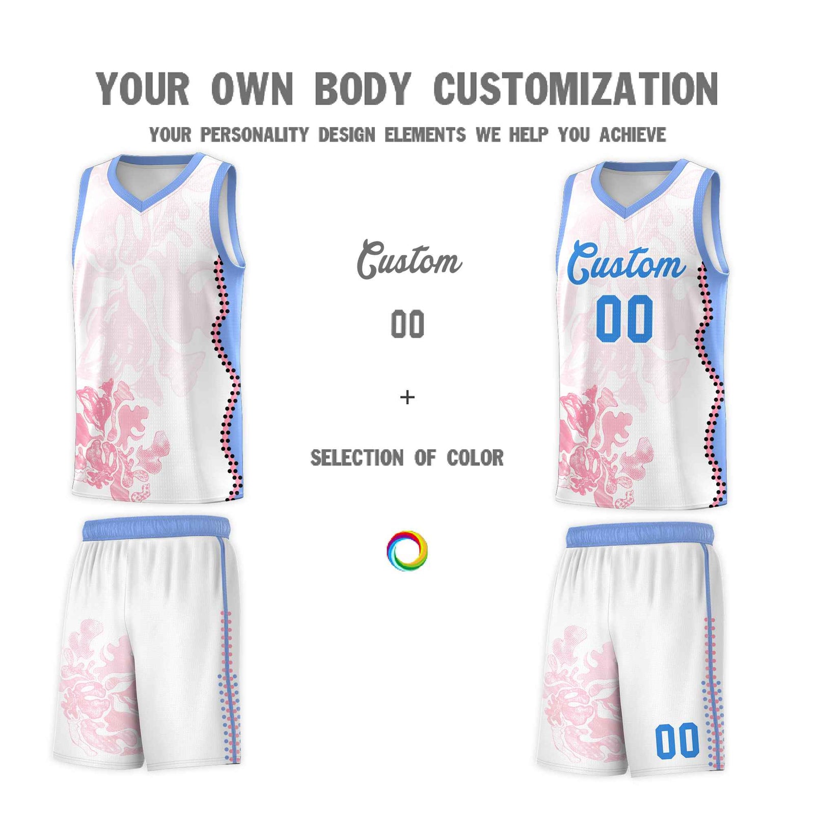 Custom White Light Blue Basketball Jersey - Illusion Flower Graffiti Durable Fabric