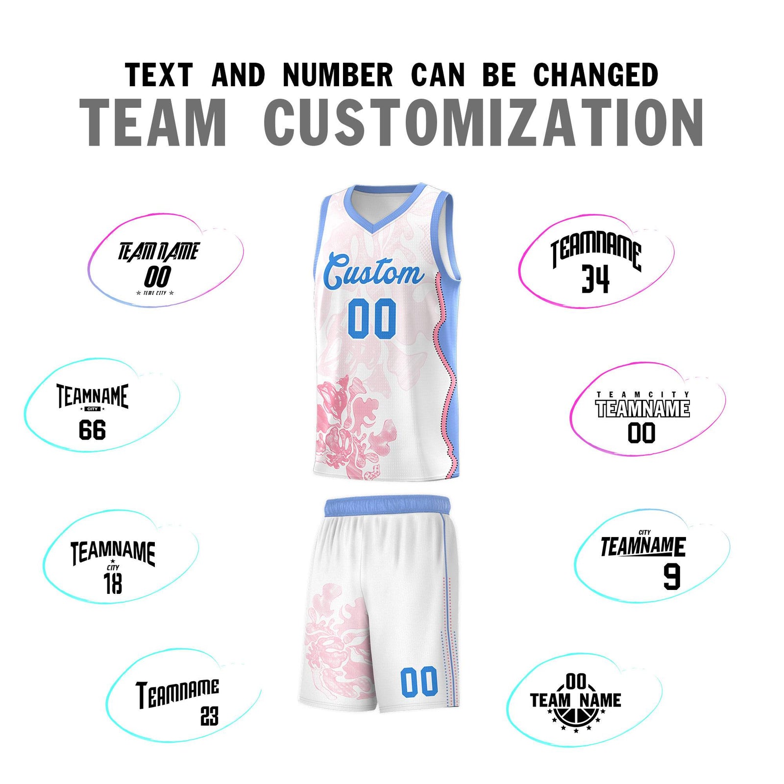 Custom White Light Blue Basketball Jersey - Illusion Flower Graffiti Durable Fabric