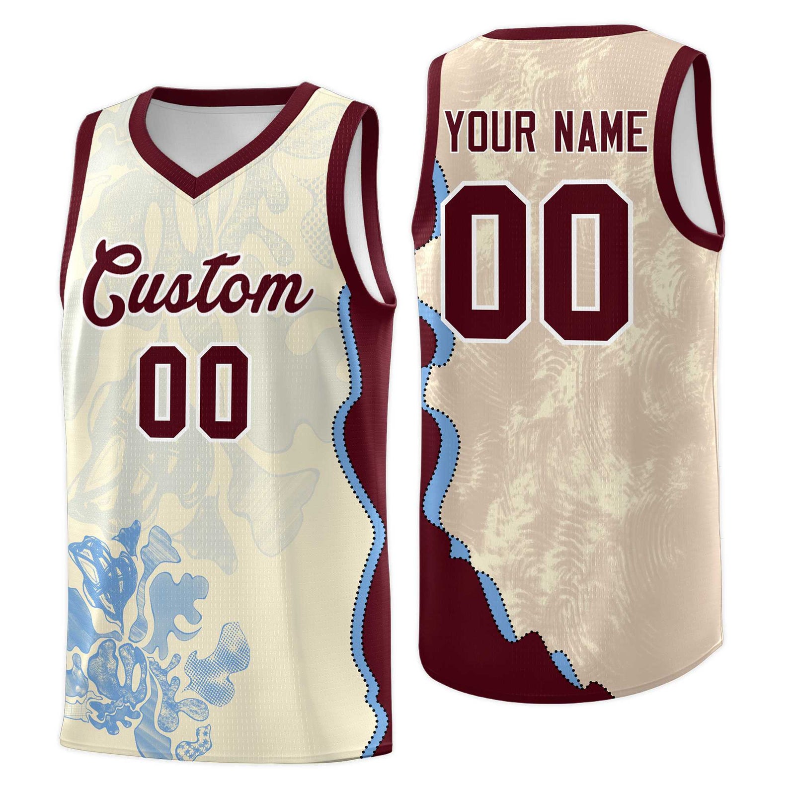 Custom Cream Burgundy Basketball Jersey - Illusion Flower Graffiti Lightweight Fabric