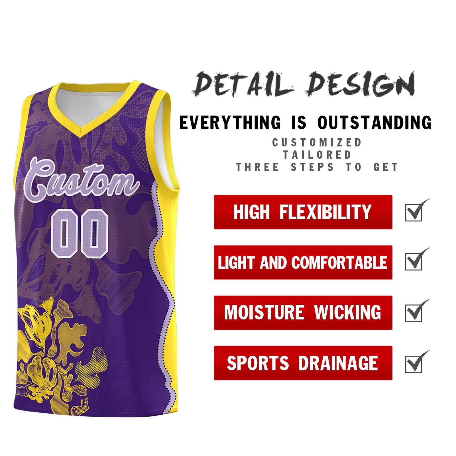 Custom Purple Gold Basketball Jersey - Illusion Flower Graffiti Breathable mesh Fabric