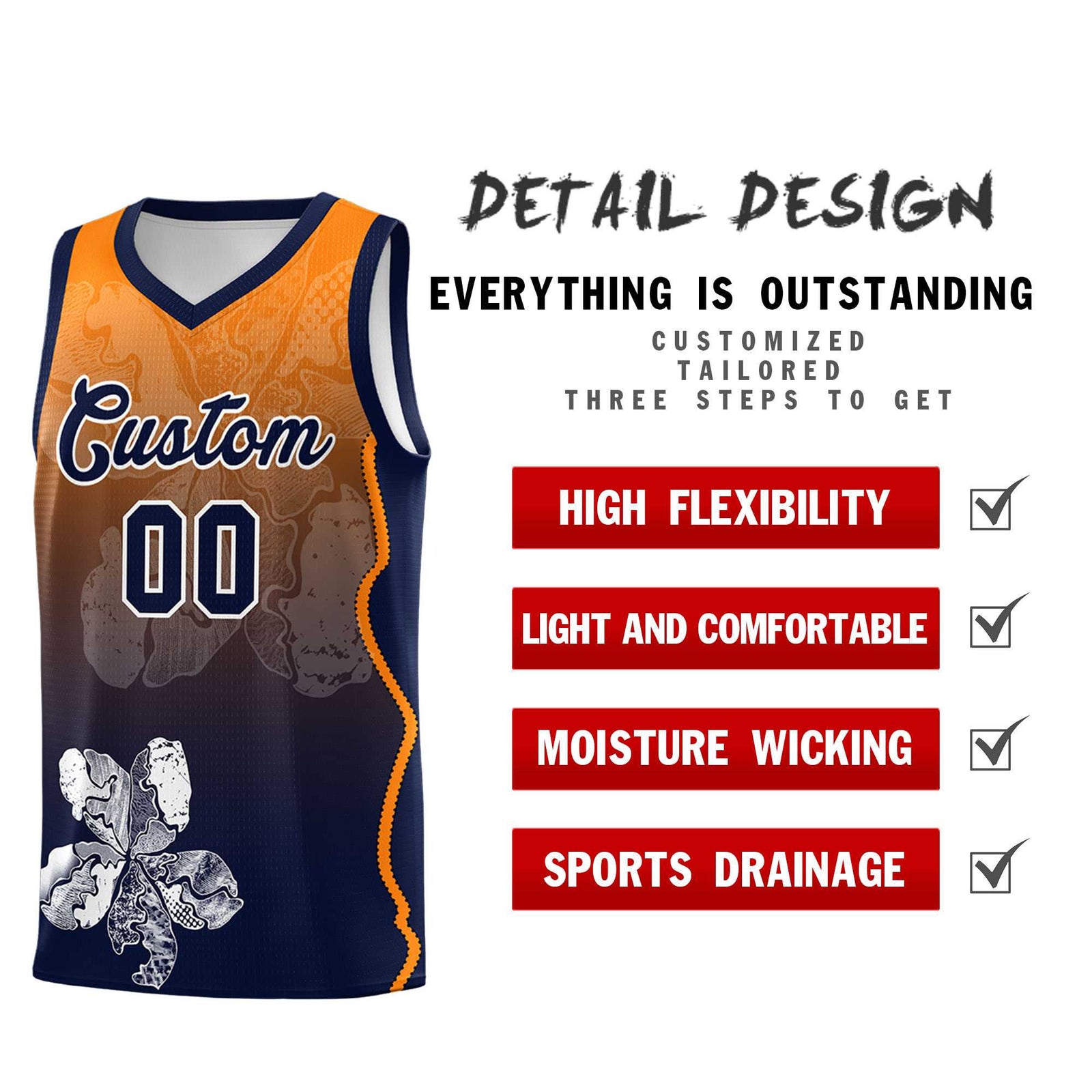 Custom Navy Orange Basketball Jersey - Illusion Flower Gradient Lightweight Fabric