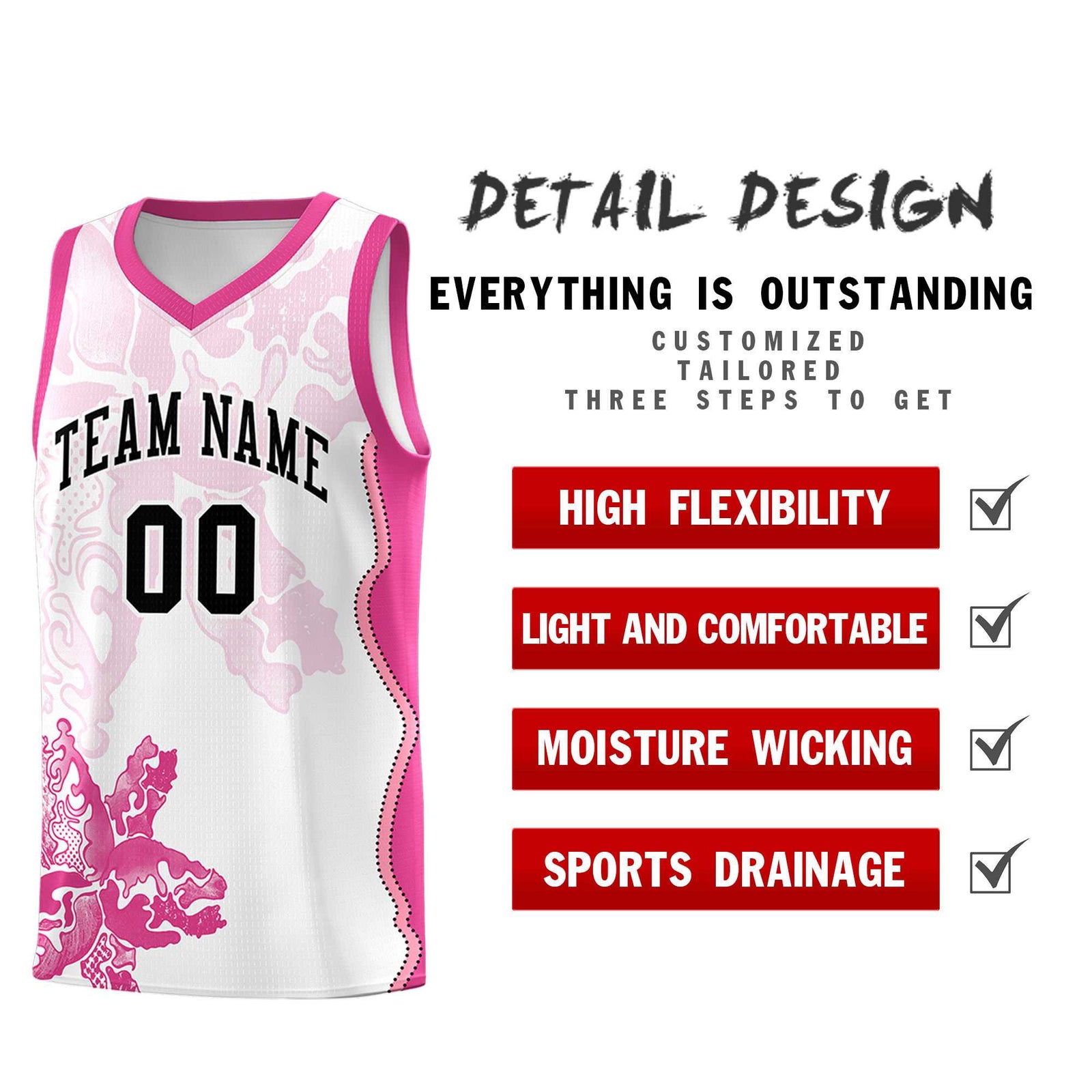 Custom White Pink Basketball Jersey - Illusion Flower Graffiti Breathable mesh Fabric