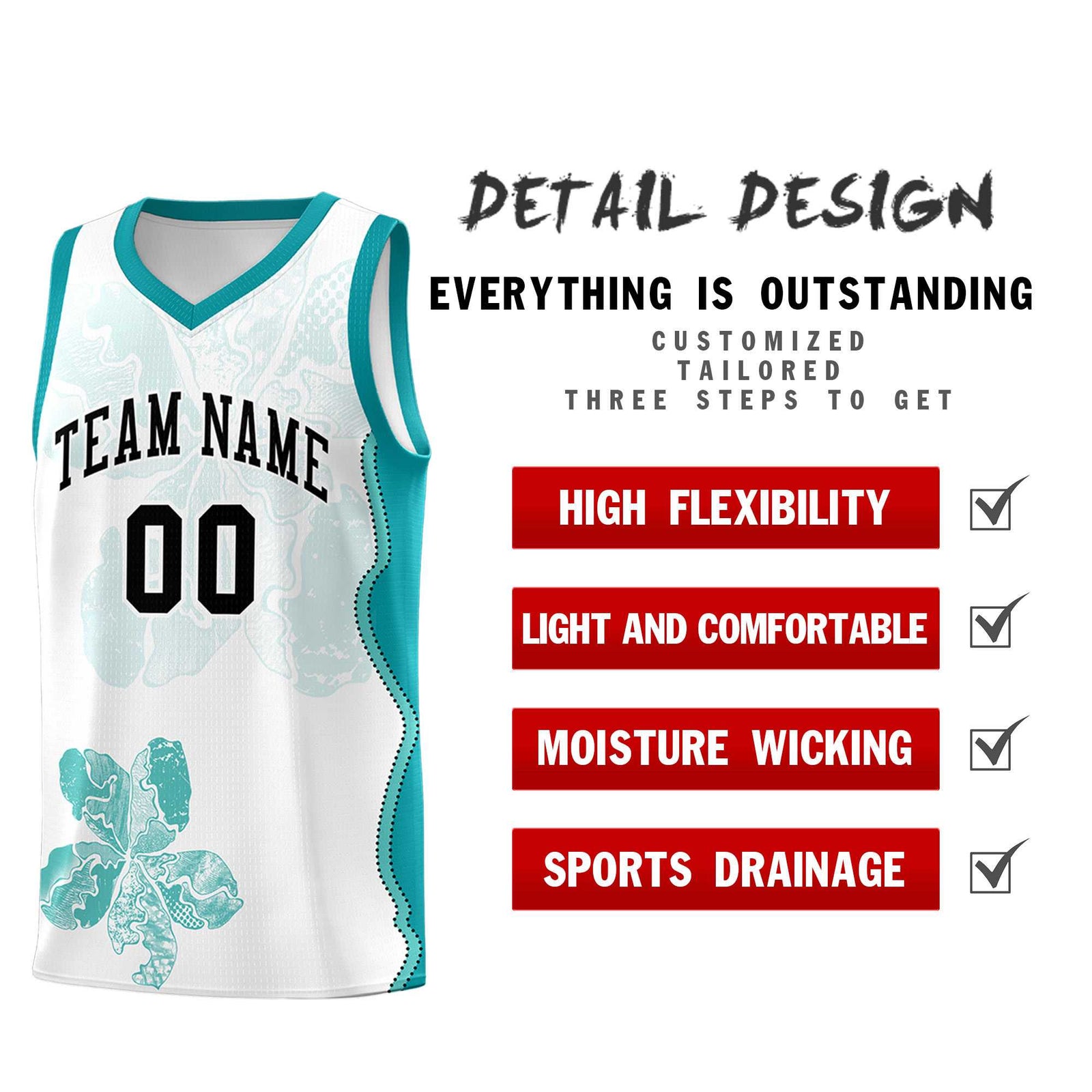 Custom White Teal Basketball Jersey - Illusion Flower Graffiti Lightweight Fabric