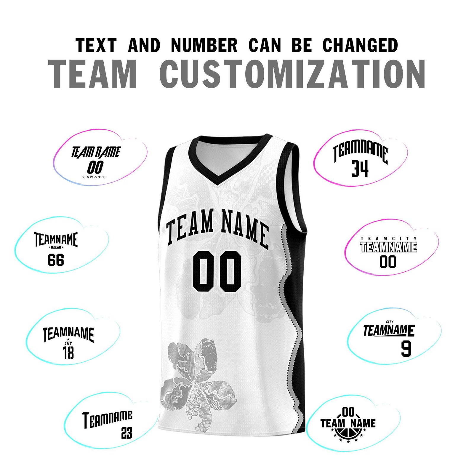 Custom White Black Basketball Jersey - Illusion Flower Graffiti Stylish Fabric