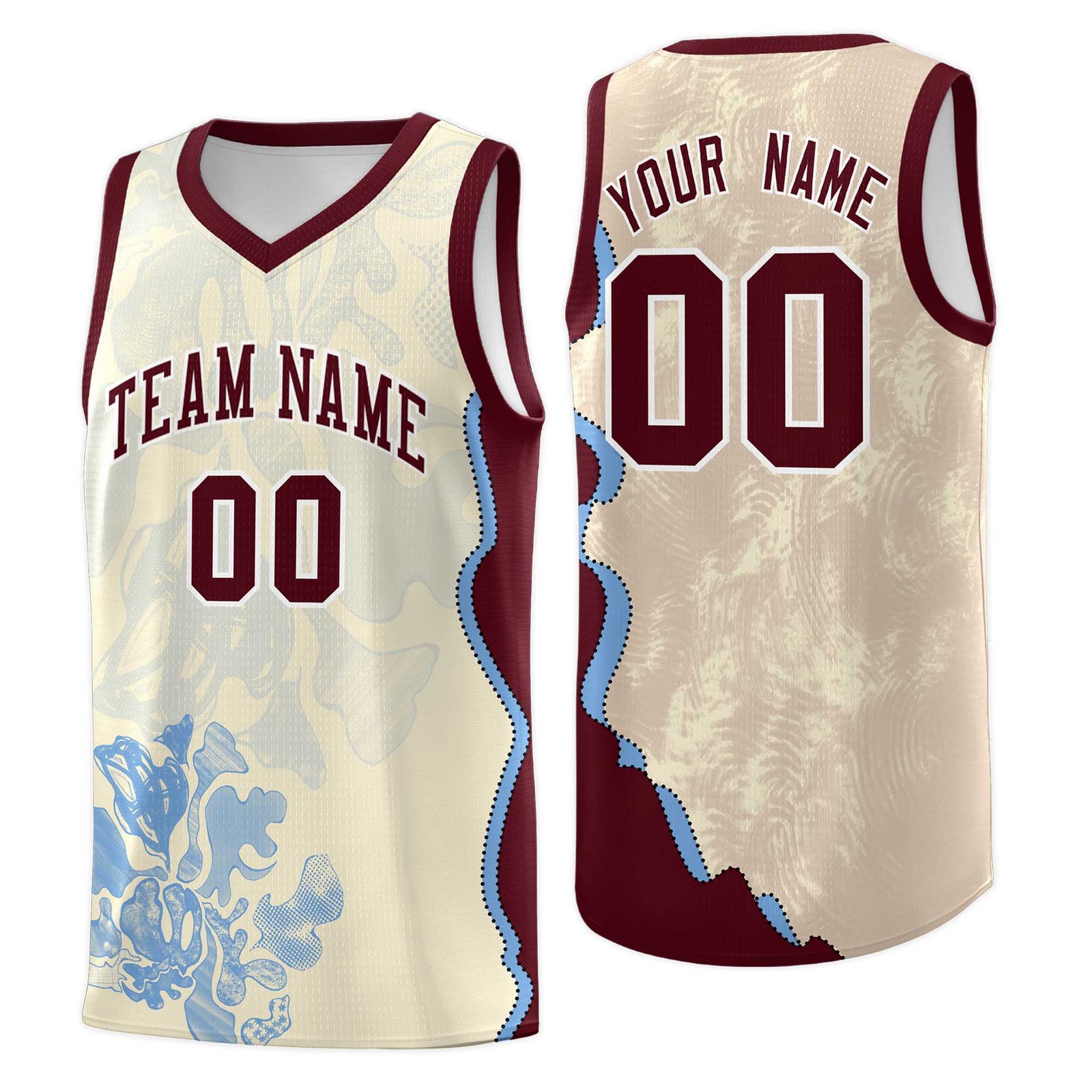 Custom Cream Burgundy Basketball Jersey - Illusion Flower Graffiti Lightweight Fabric
