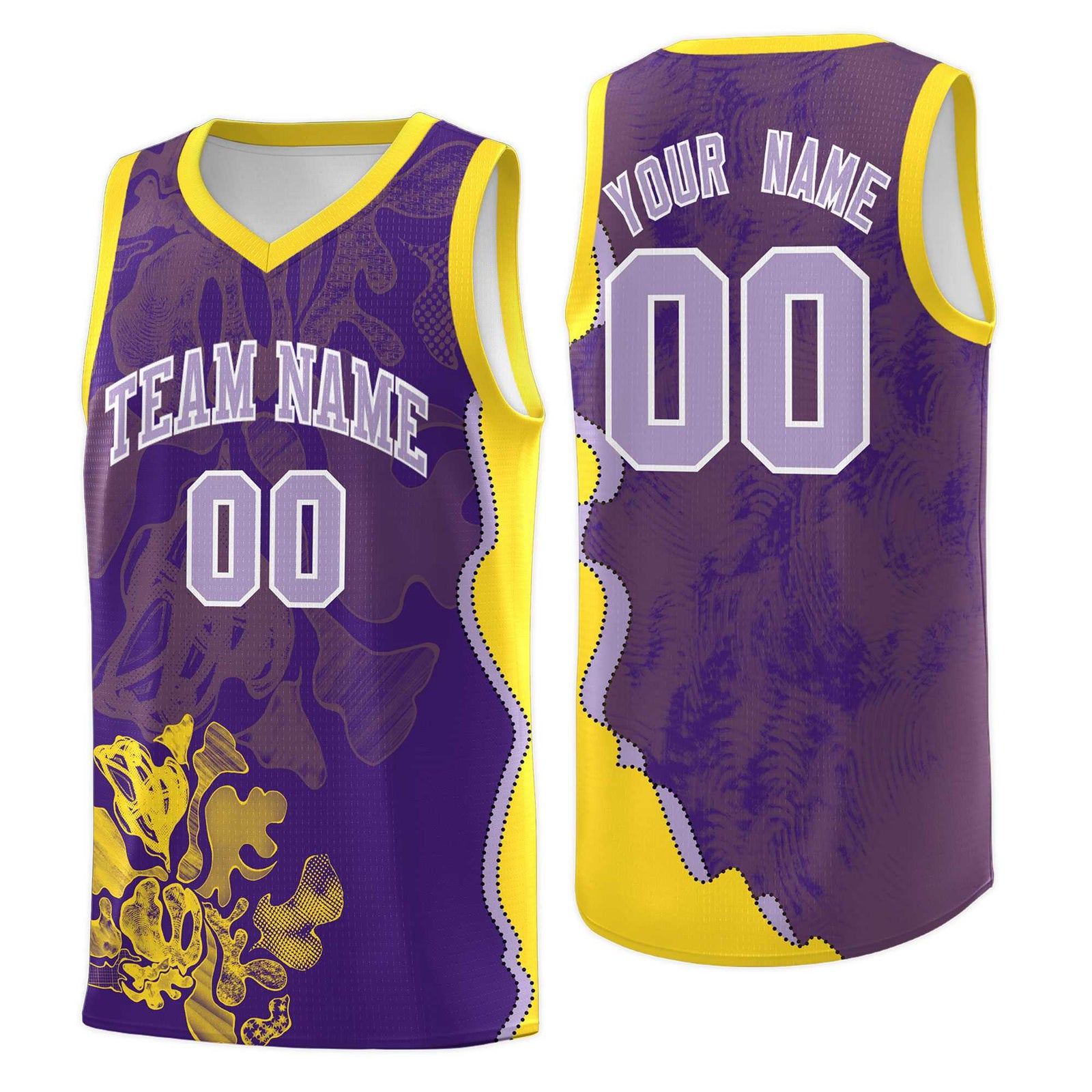 Custom Purple Gold Basketball Jersey - Illusion Flower Graffiti Breathable mesh Fabric