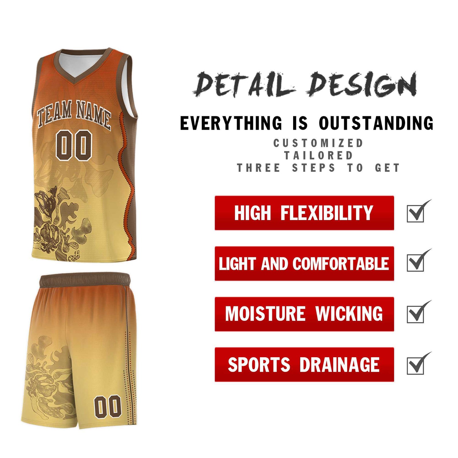 Custom Khaki Dark Orange Basketball Jersey - Illusion Flower Gradient Quick dry Fabric