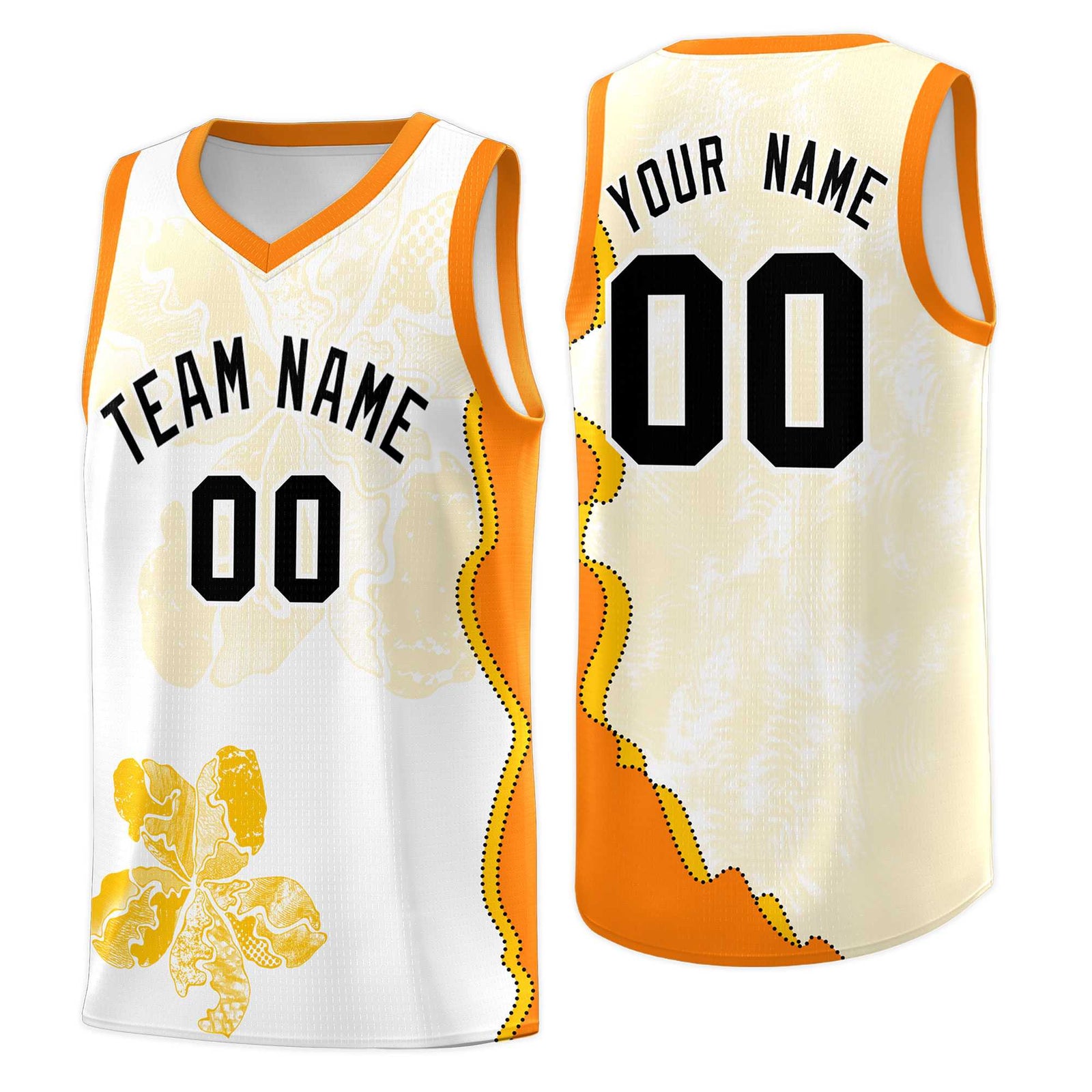 Custom White Orange Basketball Jersey - Illusion Flower Graffiti Durable Fabric