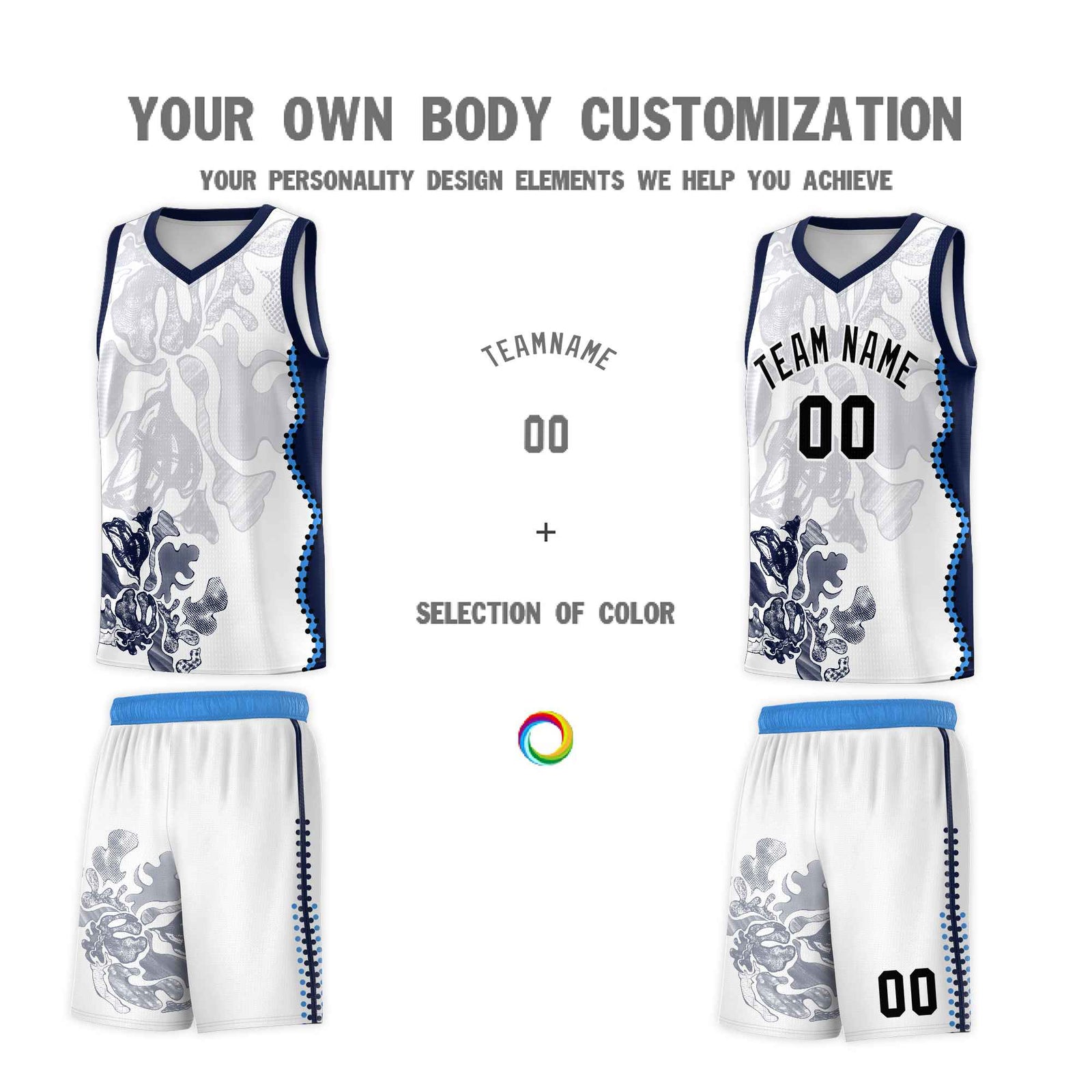 Custom White Navy Basketball Jersey - Illusion Flower Graffiti Breathable Fabric
