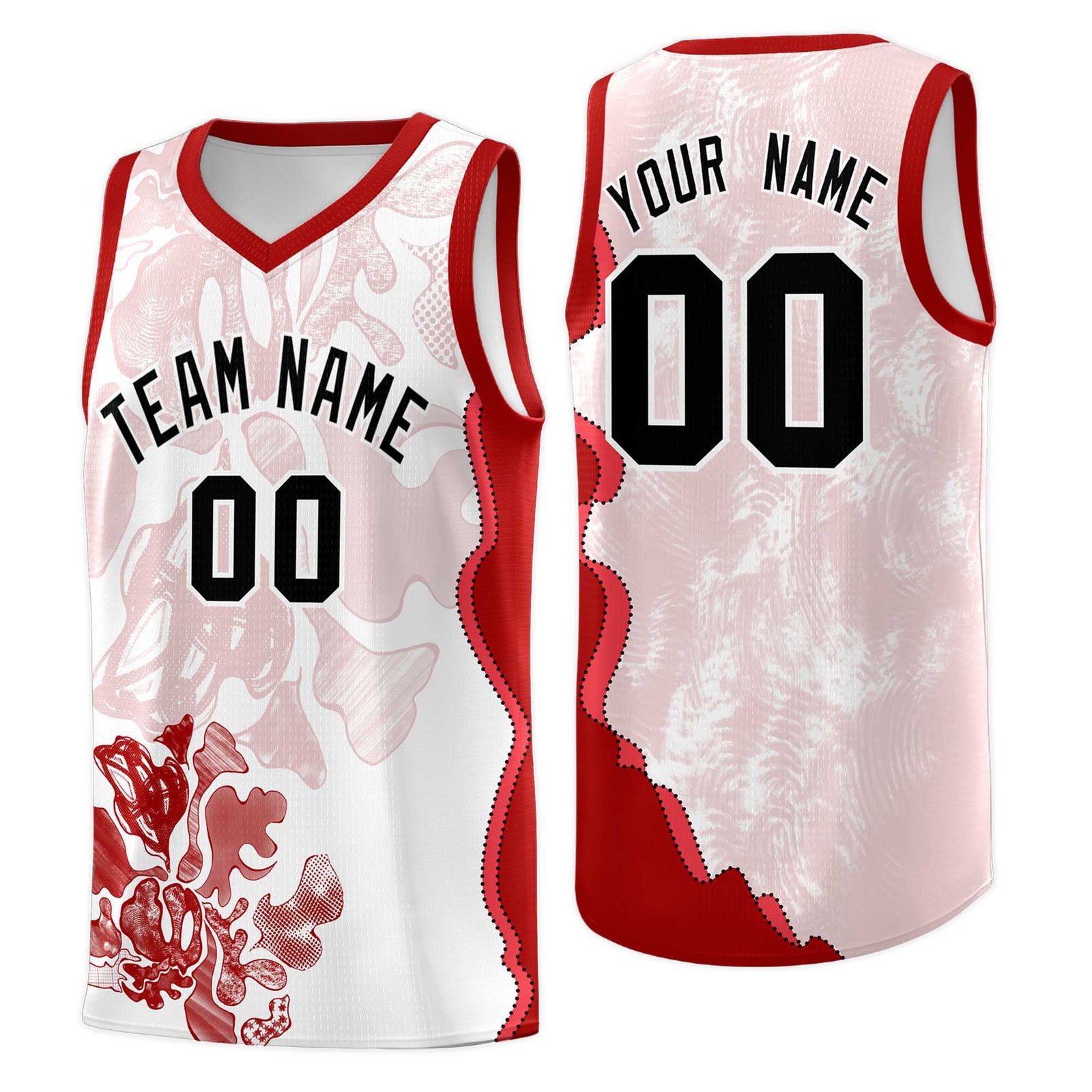 Custom White Red Basketball Jersey - Illusion Flower Graffiti Stretchy Fabric
