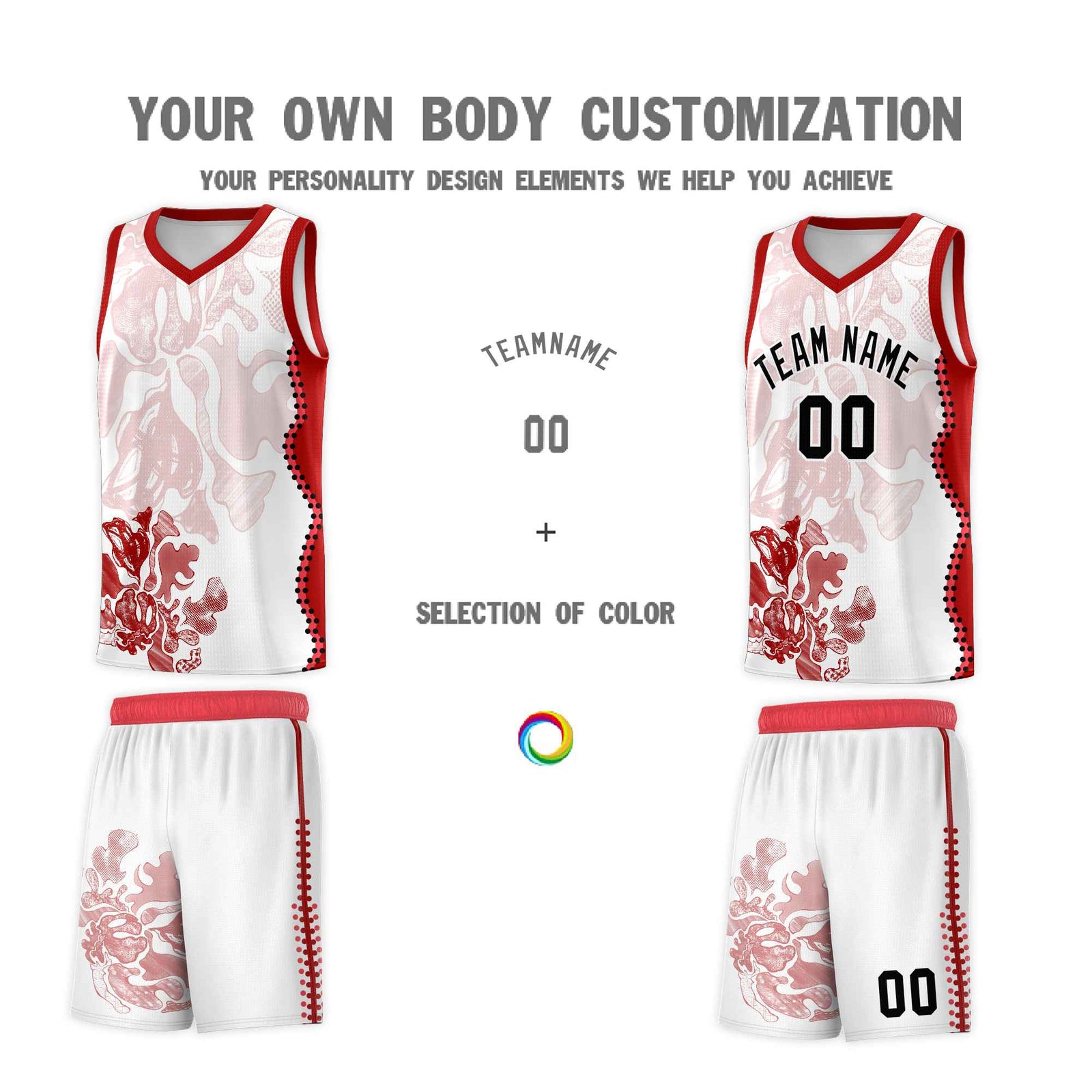 Custom White Red Basketball Jersey - Illusion Flower Graffiti Stretchy Fabric