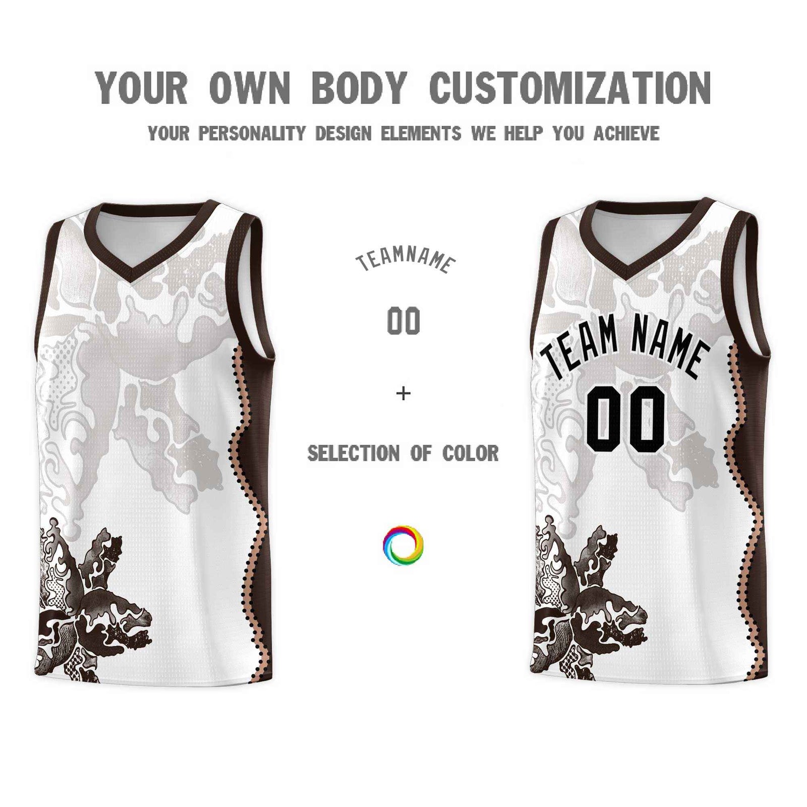 Custom White Brown Basketball Jersey - Illusion Flower Graffiti Quick dry Fabric