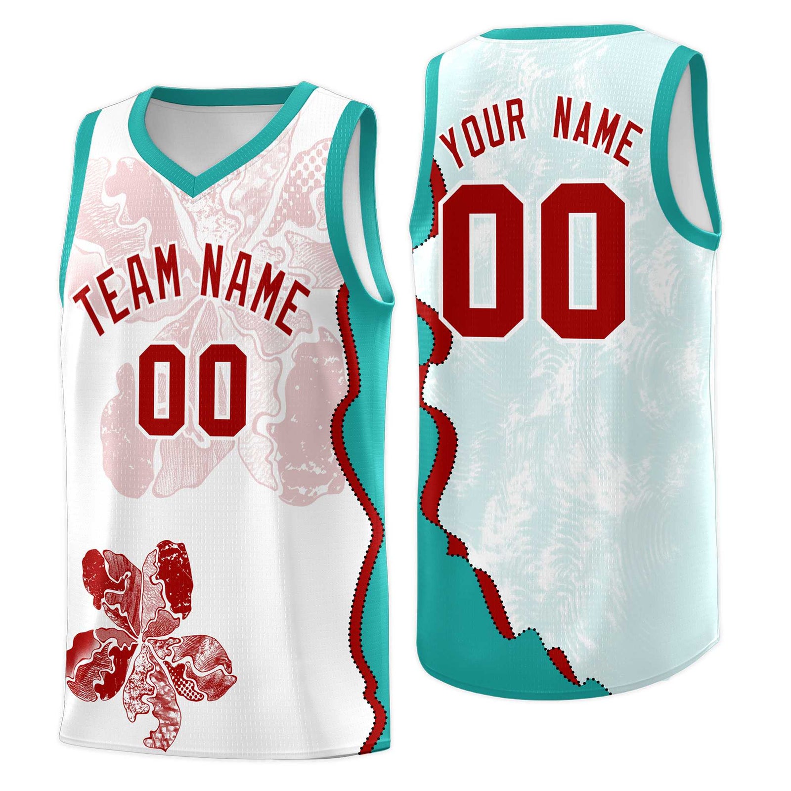 Custom White Aqua Basketball Jersey - Illusion Flower Graffiti Breathable mesh Fabric