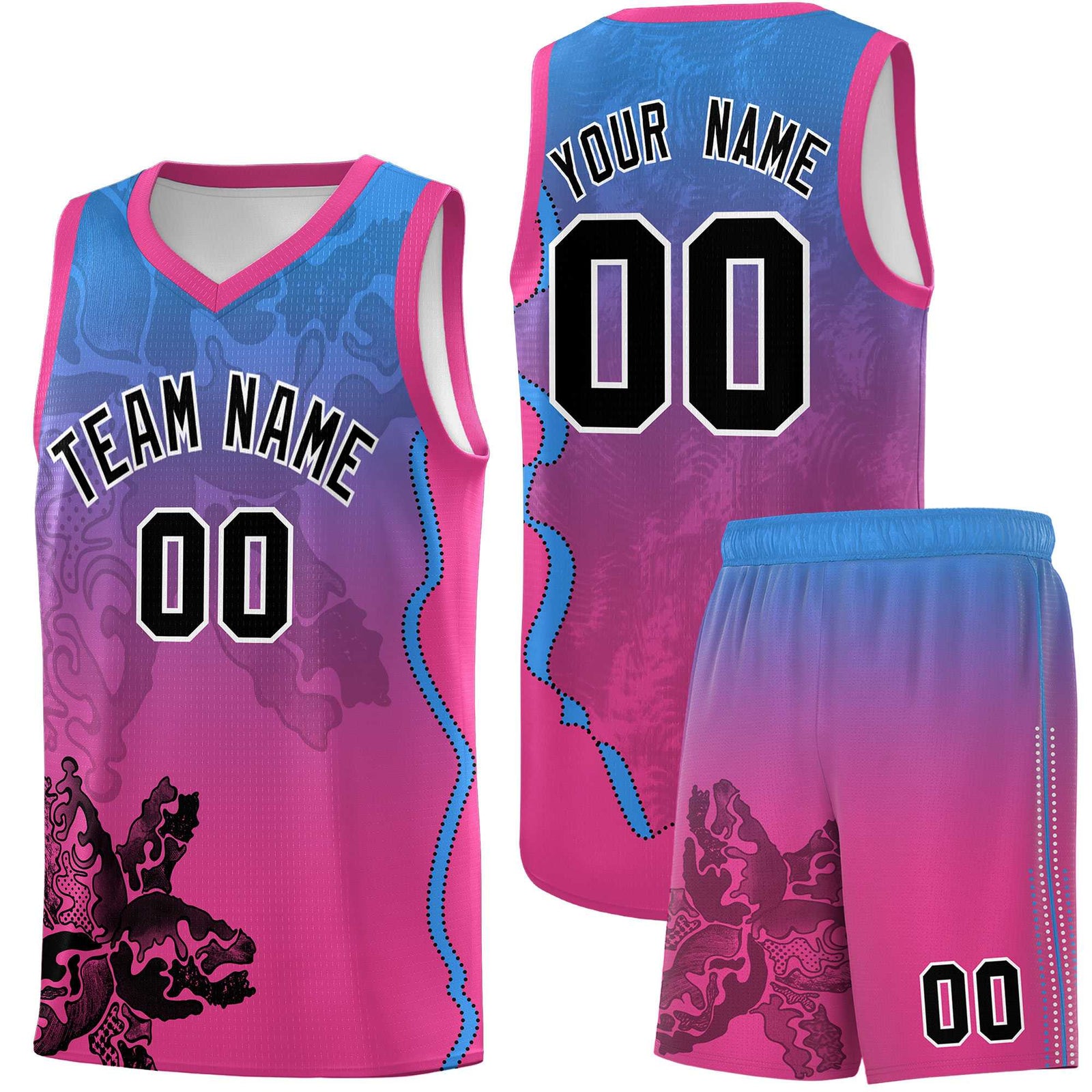 Custom Pink Light Blue Basketball Jersey - Illusion Flower Gradient Breathable mesh Fabric