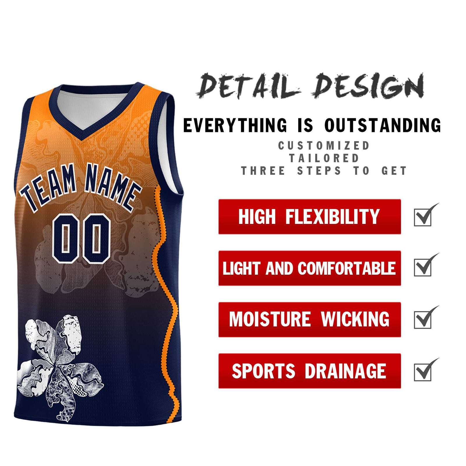 Custom Navy Orange Basketball Jersey - Illusion Flower Gradient Lightweight Fabric
