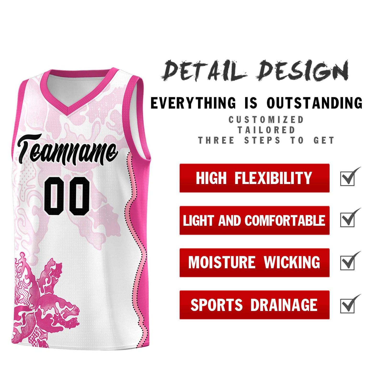 Custom White Pink Basketball Jersey - Illusion Flower Graffiti Breathable mesh Fabric