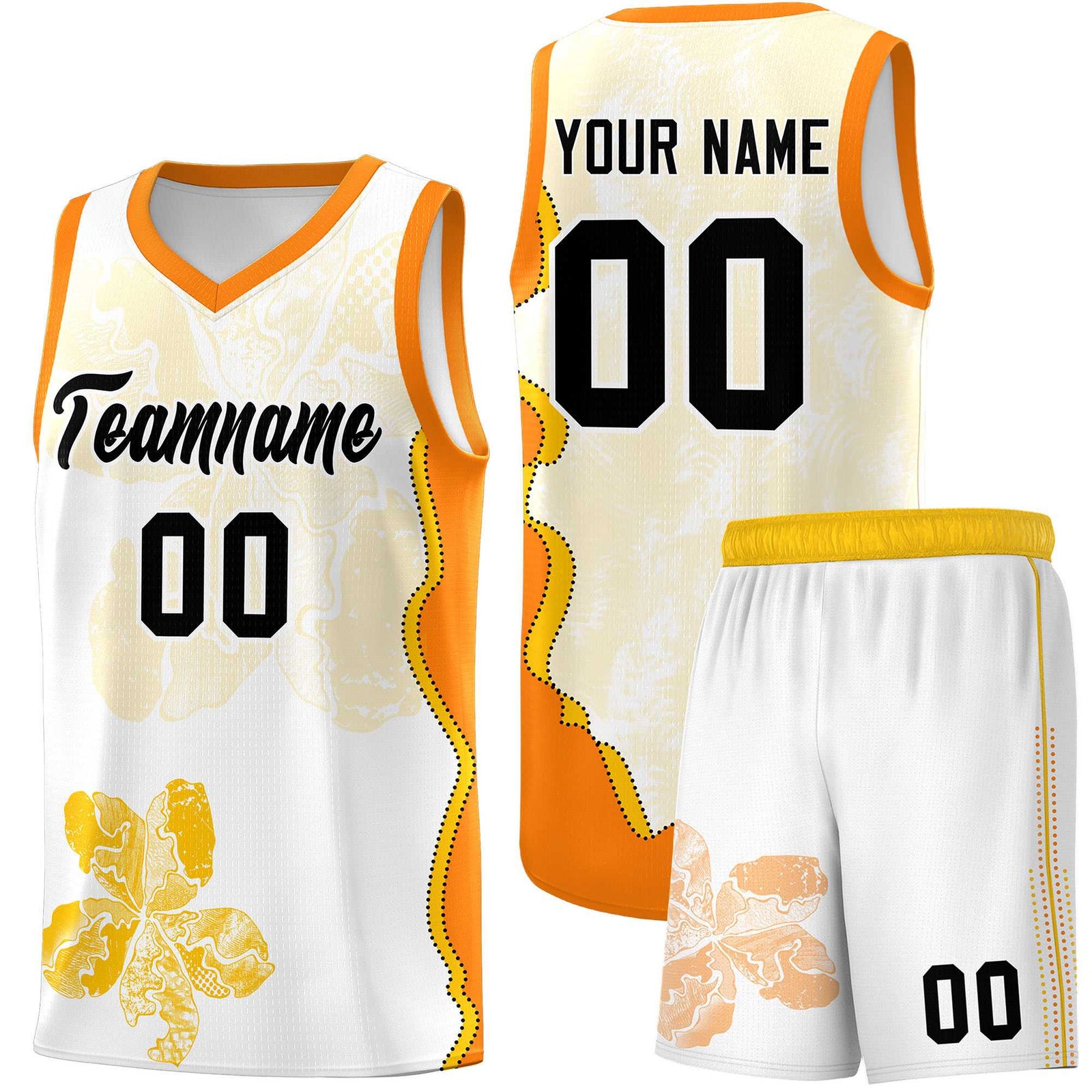 Custom White Orange Basketball Jersey - Illusion Flower Graffiti Durable Fabric