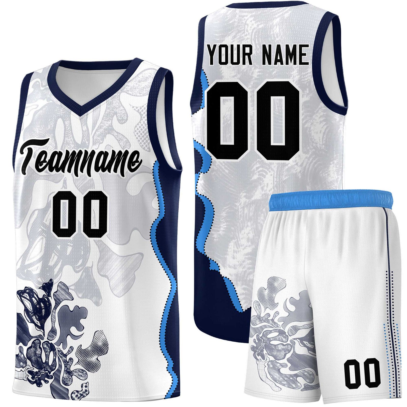 Custom White Navy Basketball Jersey - Illusion Flower Graffiti Breathable Fabric