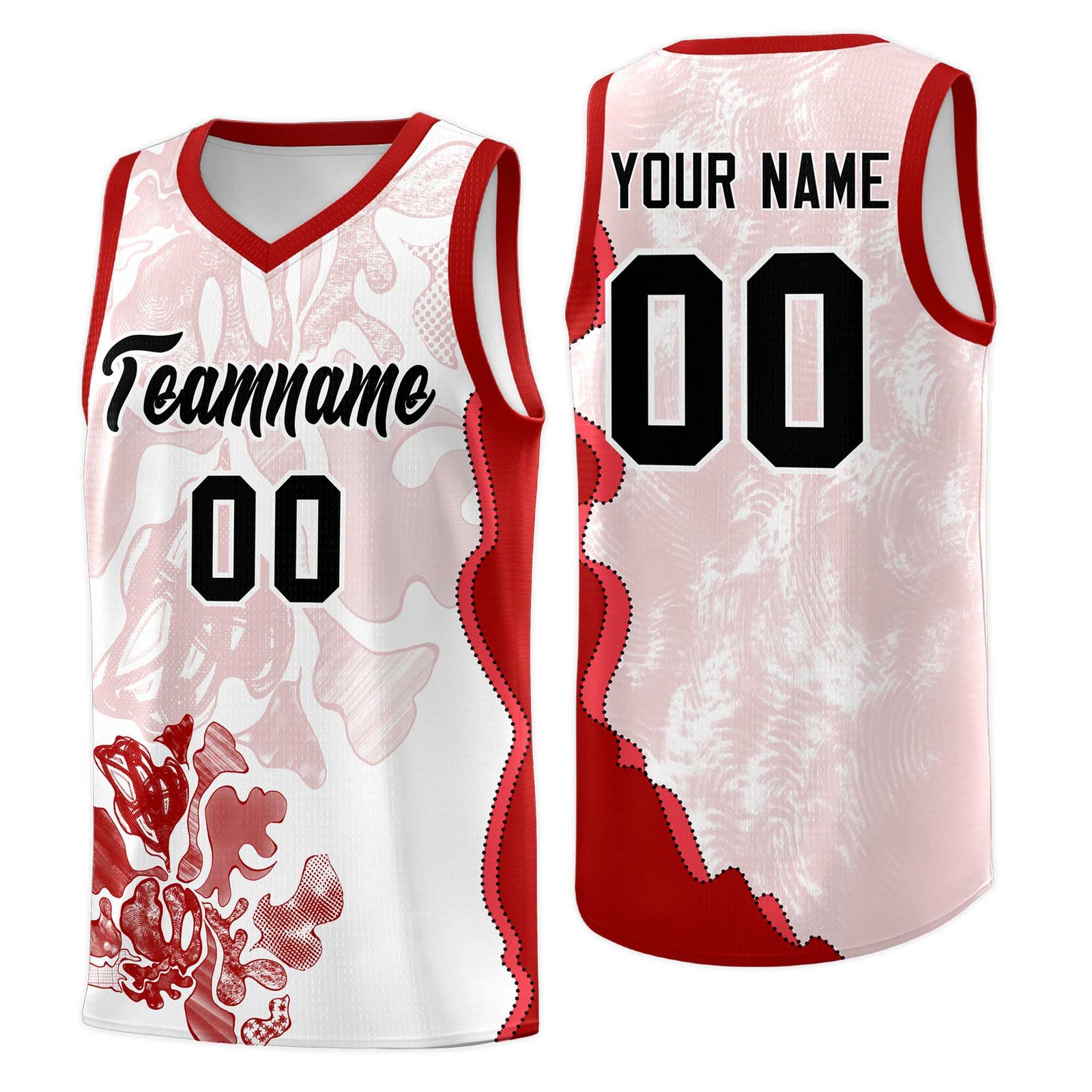 Custom White Red Basketball Jersey - Illusion Flower Graffiti Stretchy Fabric