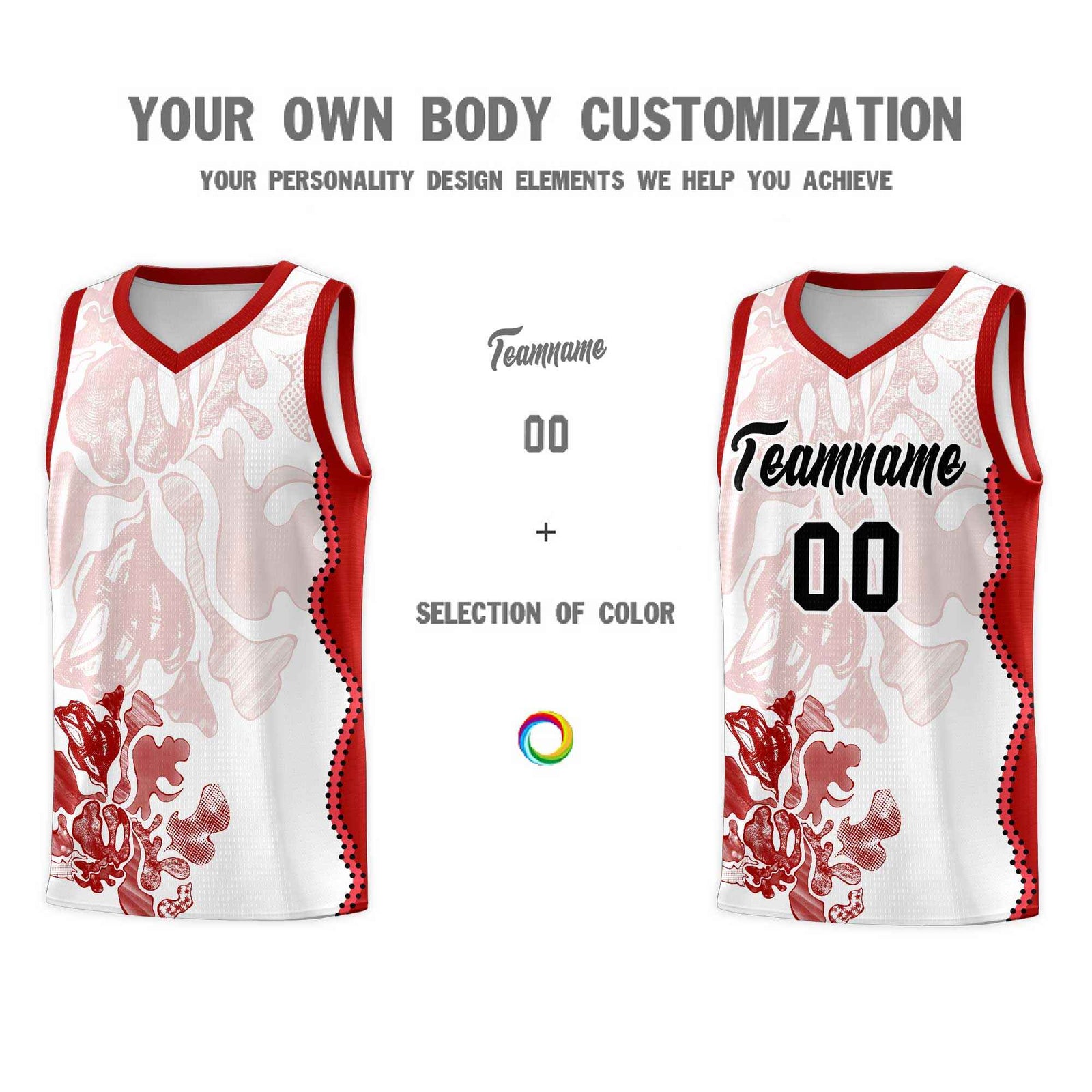 Custom White Red Basketball Jersey - Illusion Flower Graffiti Stretchy Fabric