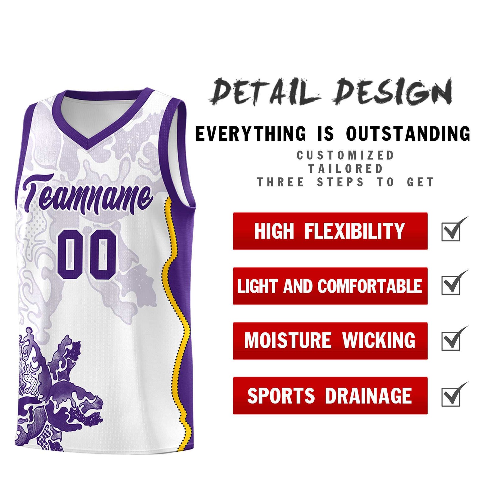 Custom White Purple Basketball Jersey - Illusion Flower Graffiti Moisture-wicking Fabric