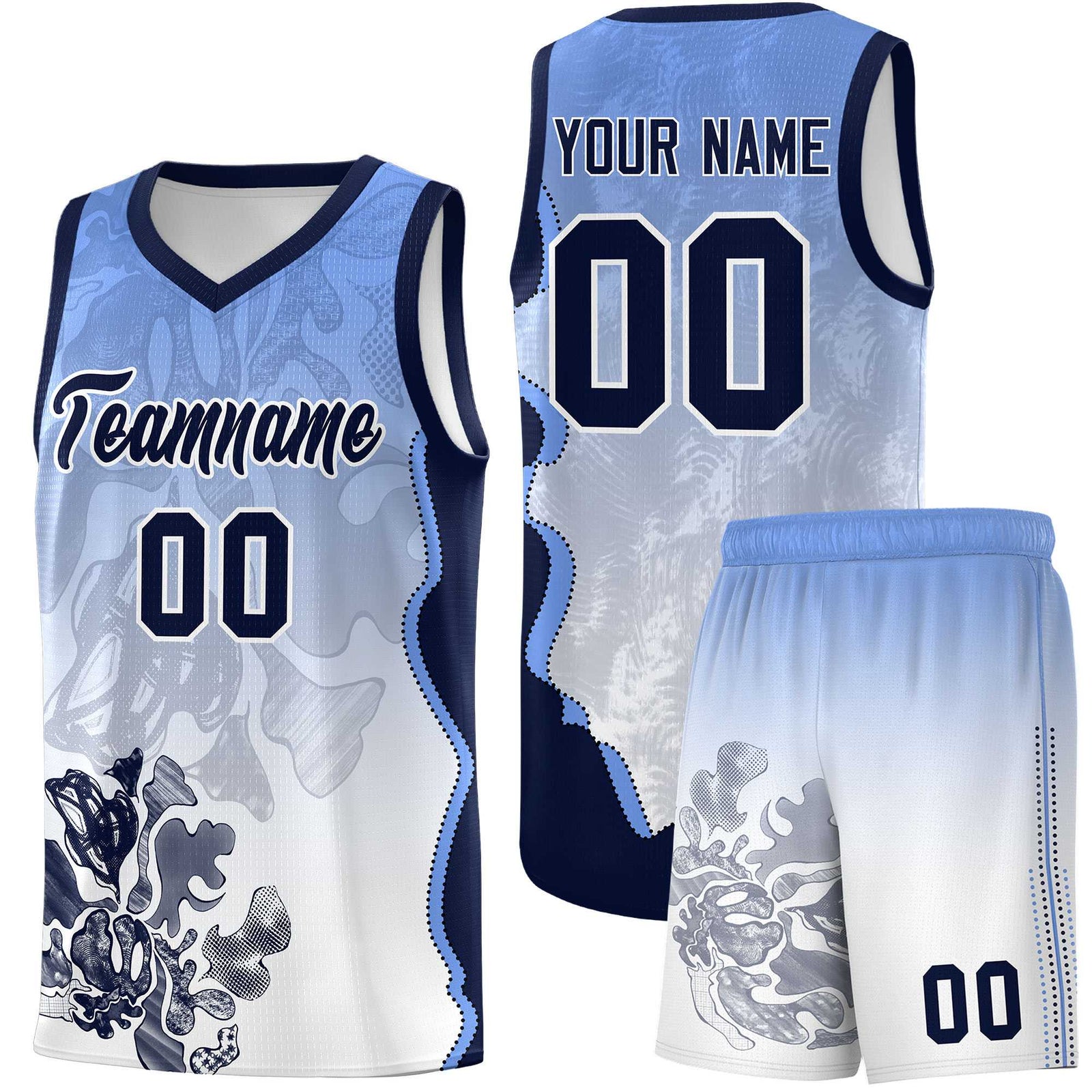 Custom White Navy Basketball Jersey - Illusion Flower Gradient Moisture wicking Fabric