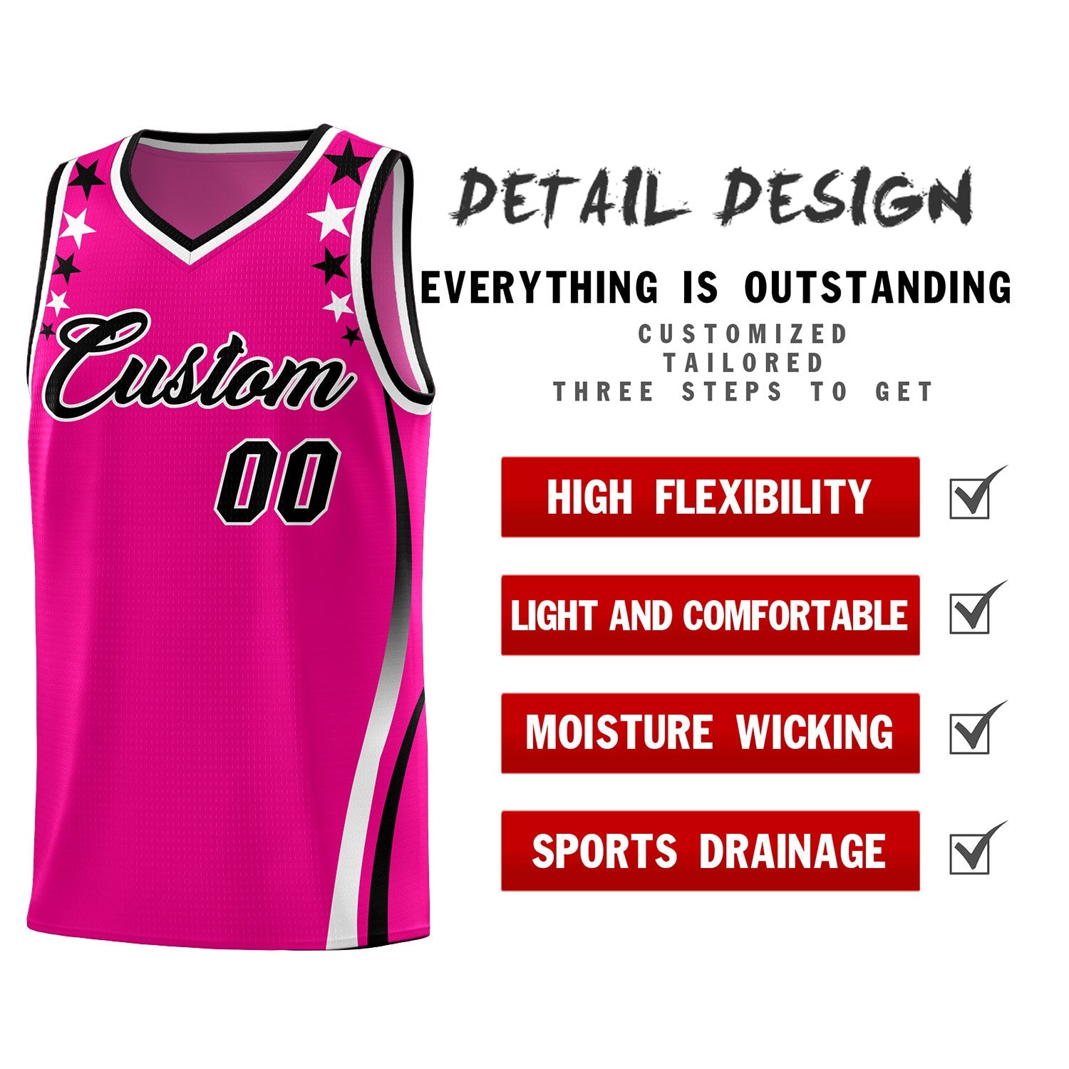 Custom Red Shoulders Star Pattern Side Color Block Sports Uniform Basketball Jersey