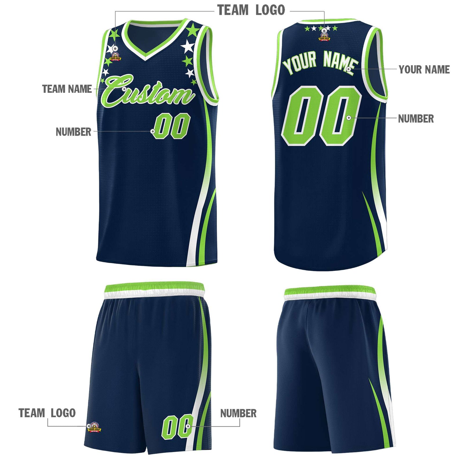 Custom Navy Shoulders Star Pattern Side Color Block Sports Uniform Basketball Jersey