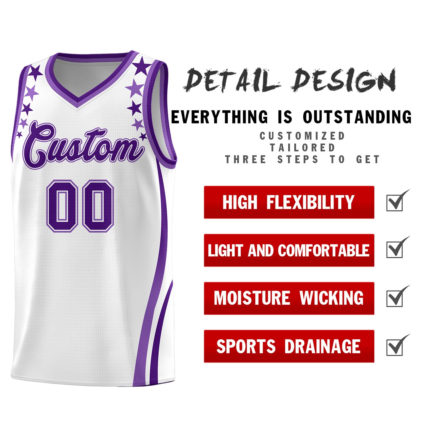 Custom White Shoulders Star Pattern Side Color Block Sports Uniform Basketball Jersey