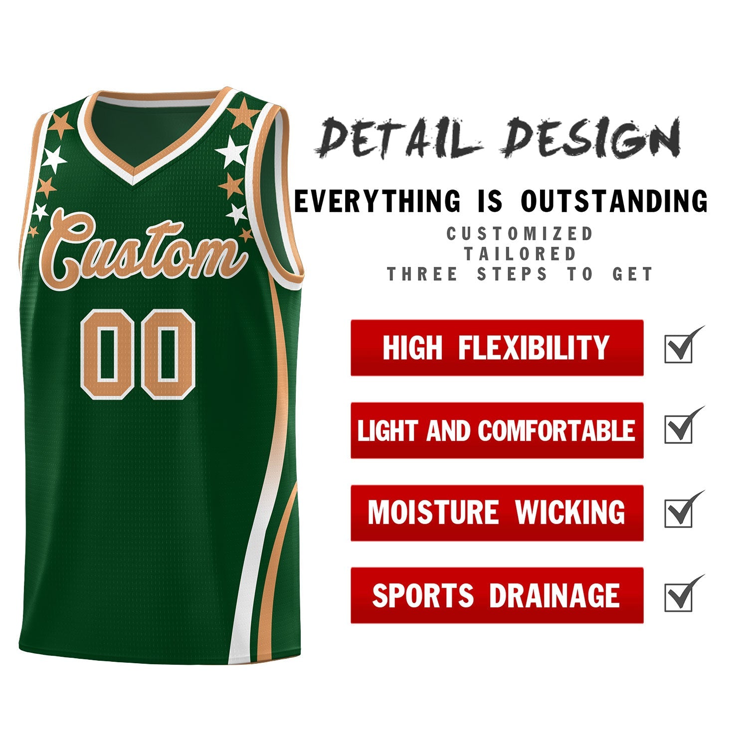 Custom Green Shoulders Star Pattern Side Color Block Sports Uniform Basketball Jersey