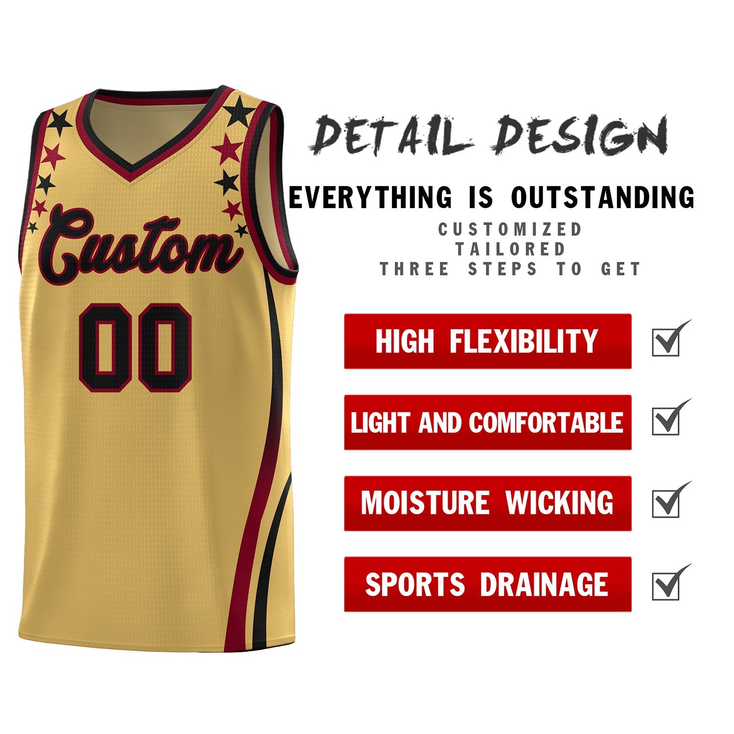 Custom Old Gold Shoulders Star Pattern Side Color Block Sports Uniform Basketball Jersey