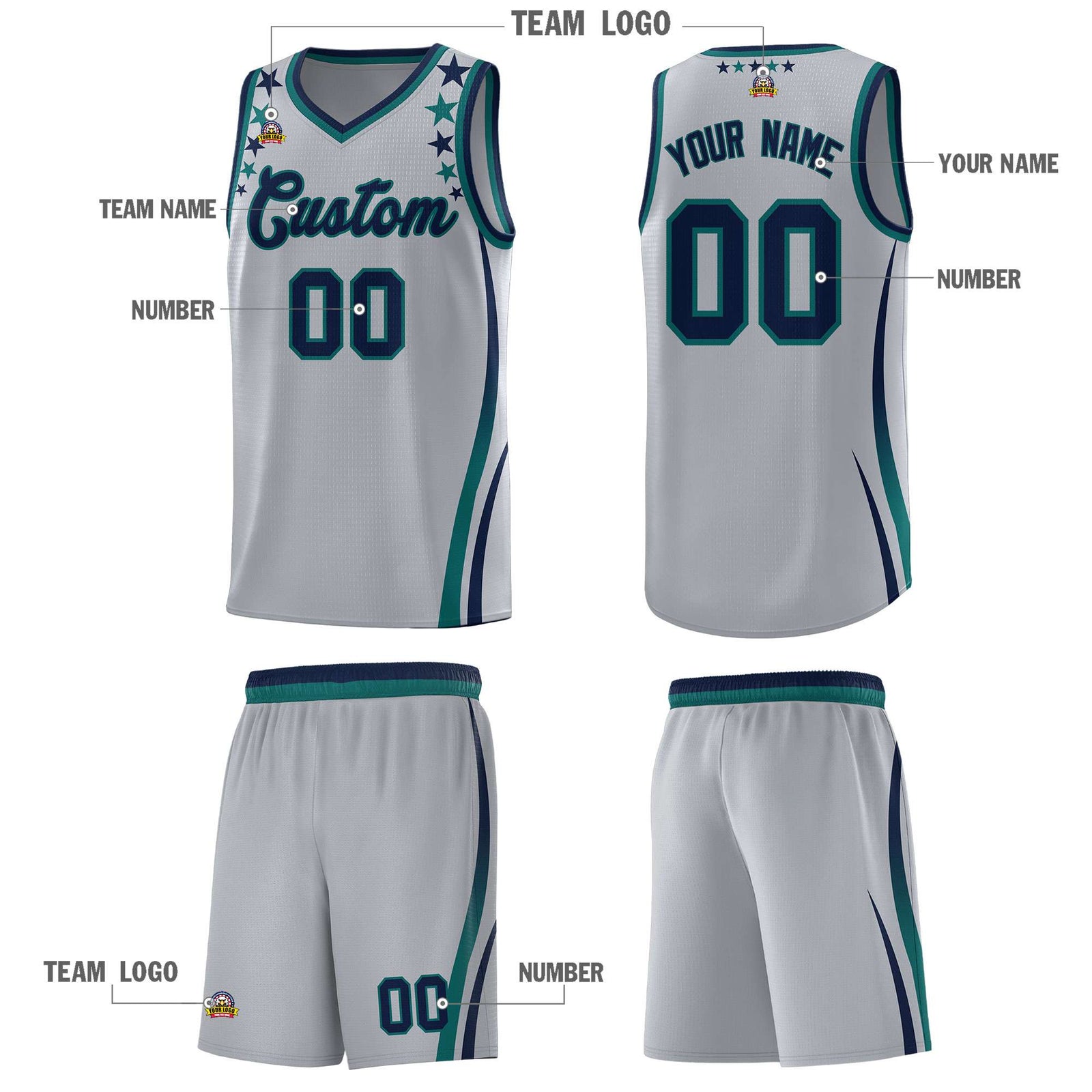 Custom Gray Shoulders Star Pattern Side Color Block Sports Uniform Basketball Jersey