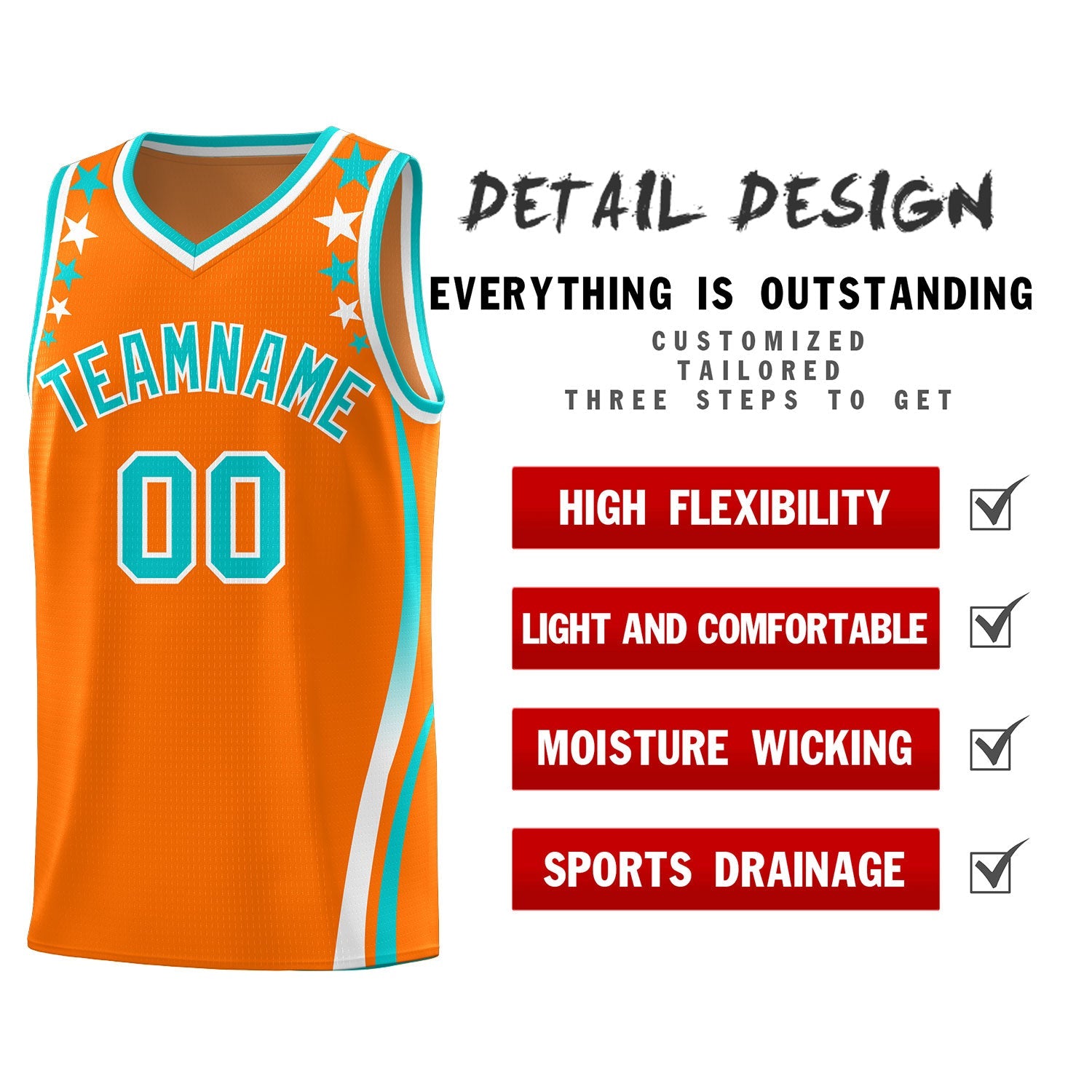 Custom Orange Shoulders Star Pattern Side Color Block Sports Uniform Basketball Jersey