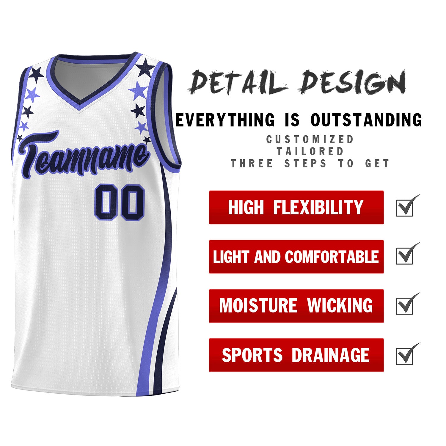 Custom White Shoulders Star Pattern Side Color Block Sports Uniform Basketball Jersey