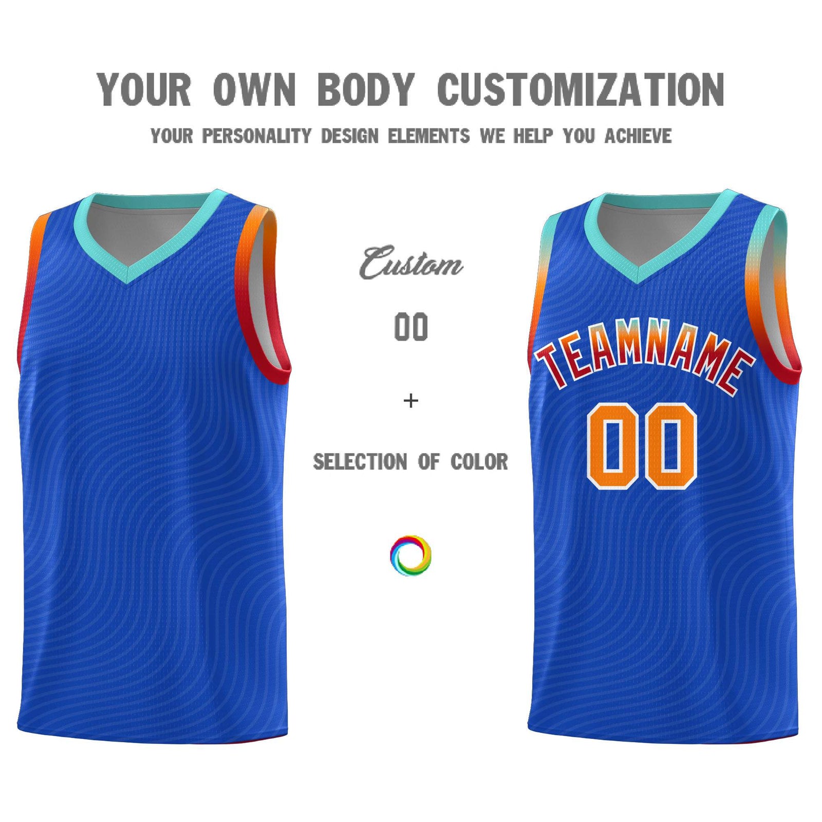 Custom Royal Blue Bright Green Wave Pattern Sports Uniform Basketball Jersey