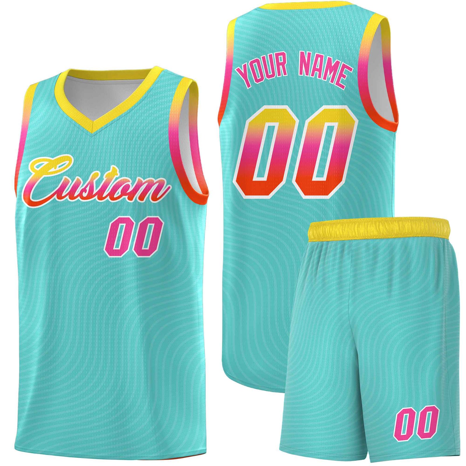 Custom Bright Green Gold Wave Pattern Sports Uniform Basketball Jersey