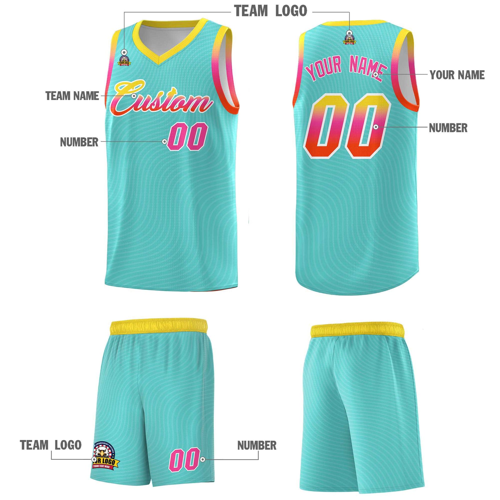 Custom Bright Green Gold Wave Pattern Sports Uniform Basketball Jersey