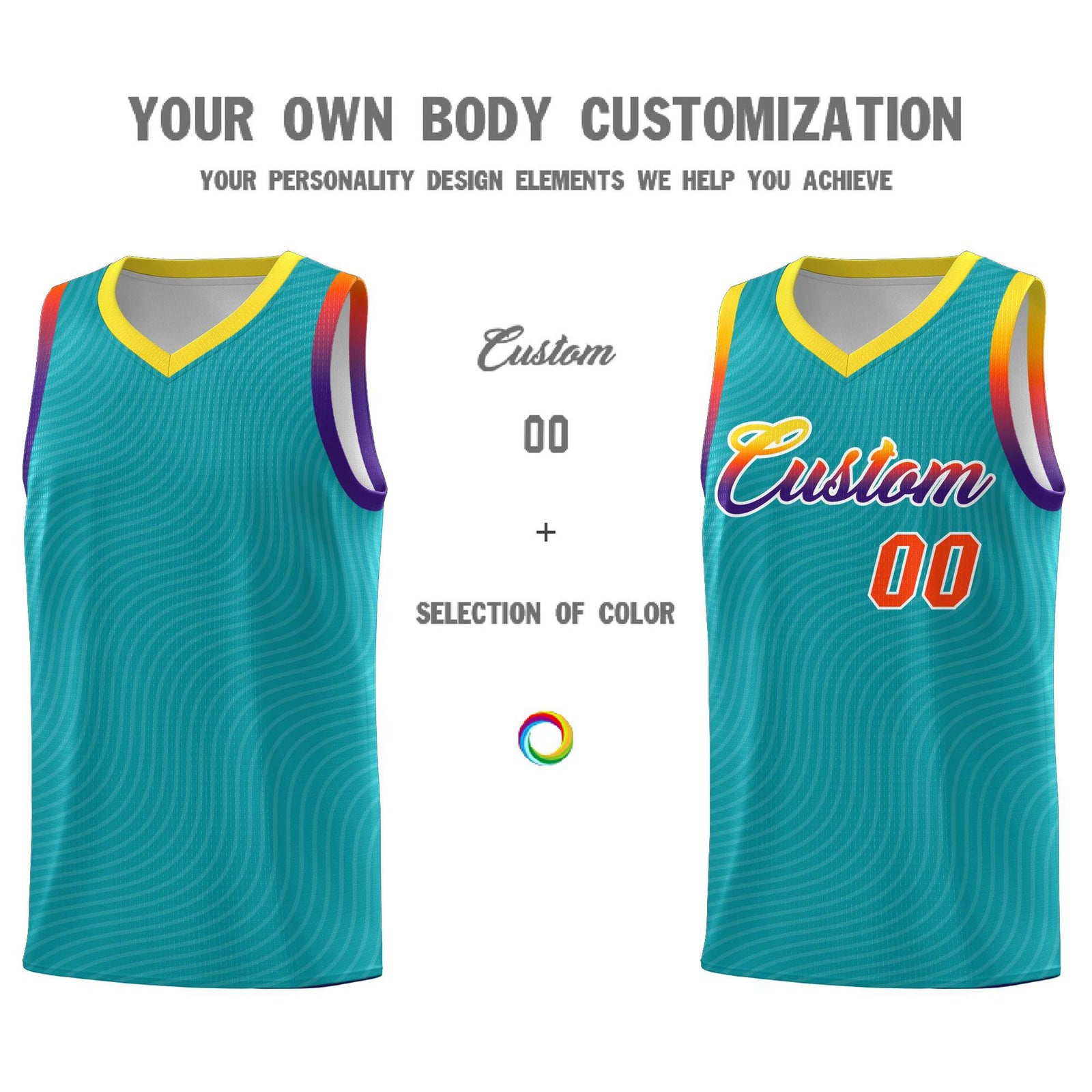 Custom Aqua Gold Wave Pattern Sports Uniform Basketball Jersey