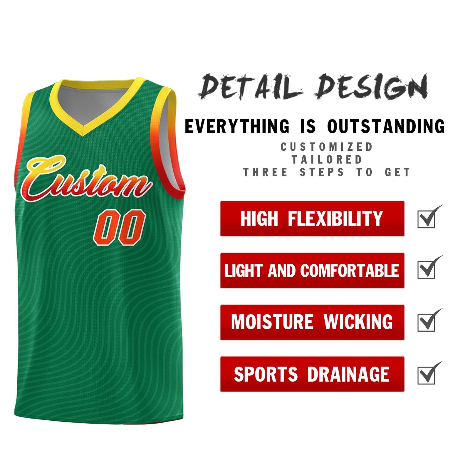 Custom Kelly Green Gold Wave Pattern Sports Uniform Basketball Jersey